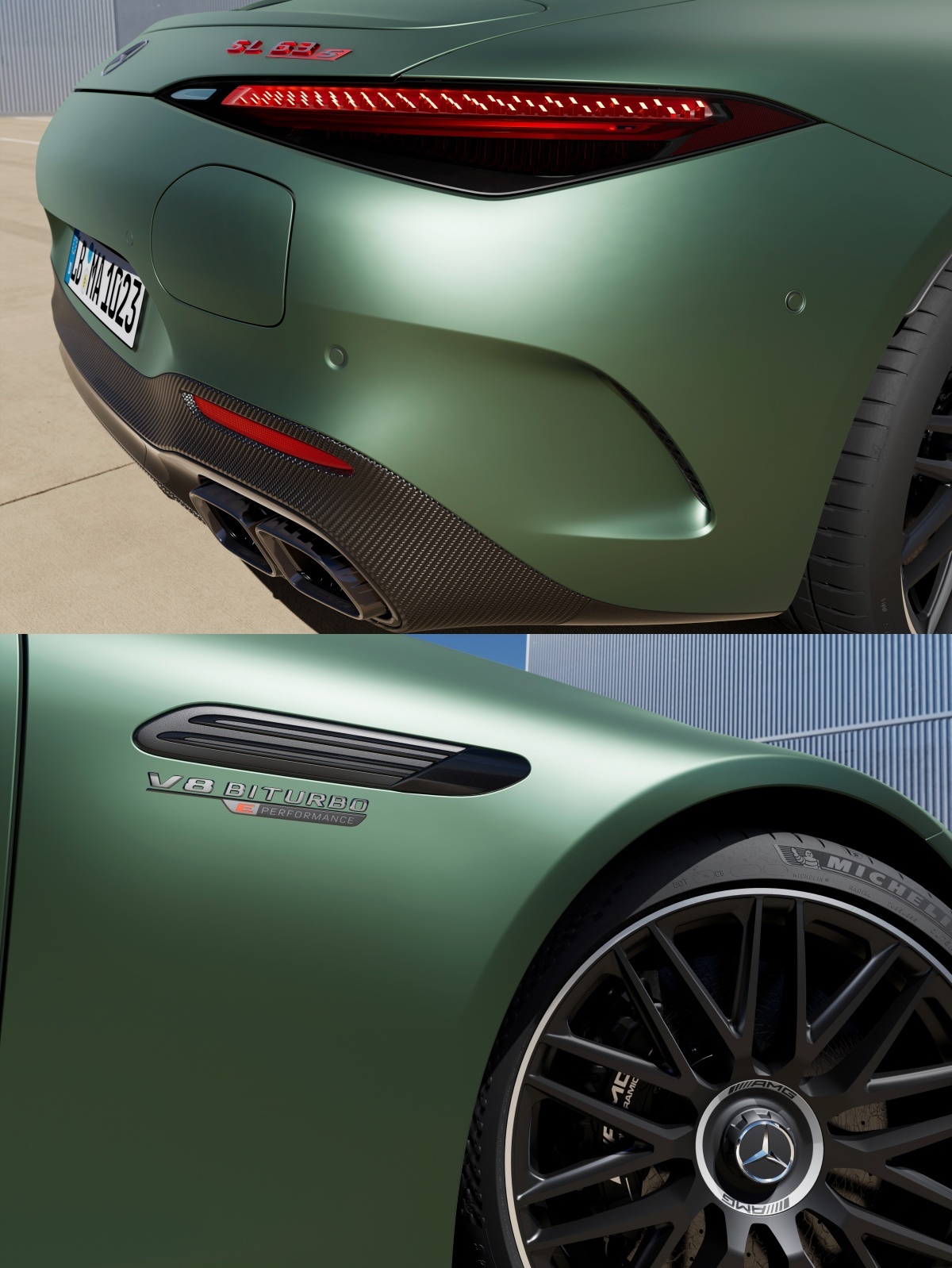 '녹색' 메르세데스-AMG SL 63 S E 퍼포먼스 모델의 뒷모습(위)과 앞쪽 휠(아래)이 보이는 이미지이다.