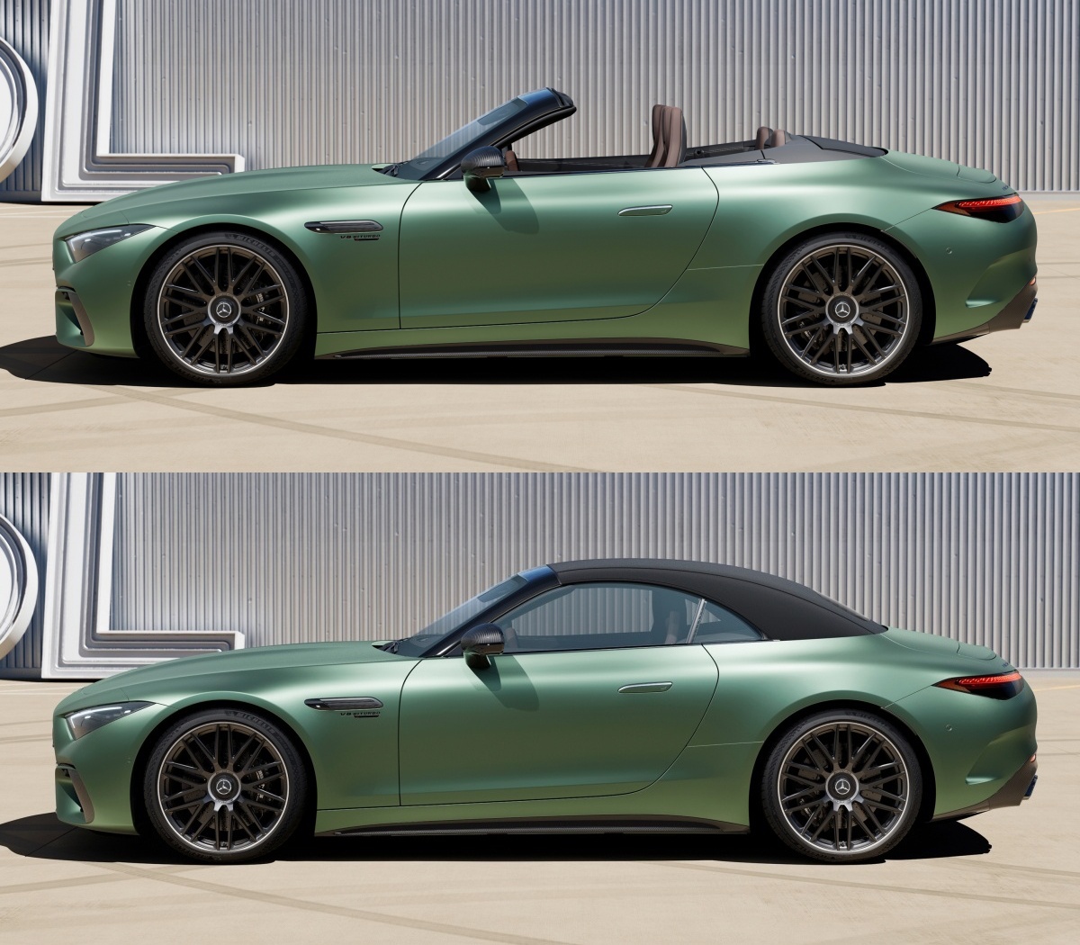 메르세데스-AMG SL 63 S E 퍼포먼스 모델의 '옆모습' 이미지이다. 위의 이미지는 지붕이 열린모습, 아래 이미지는 지붕이 닫힌 모습이다.