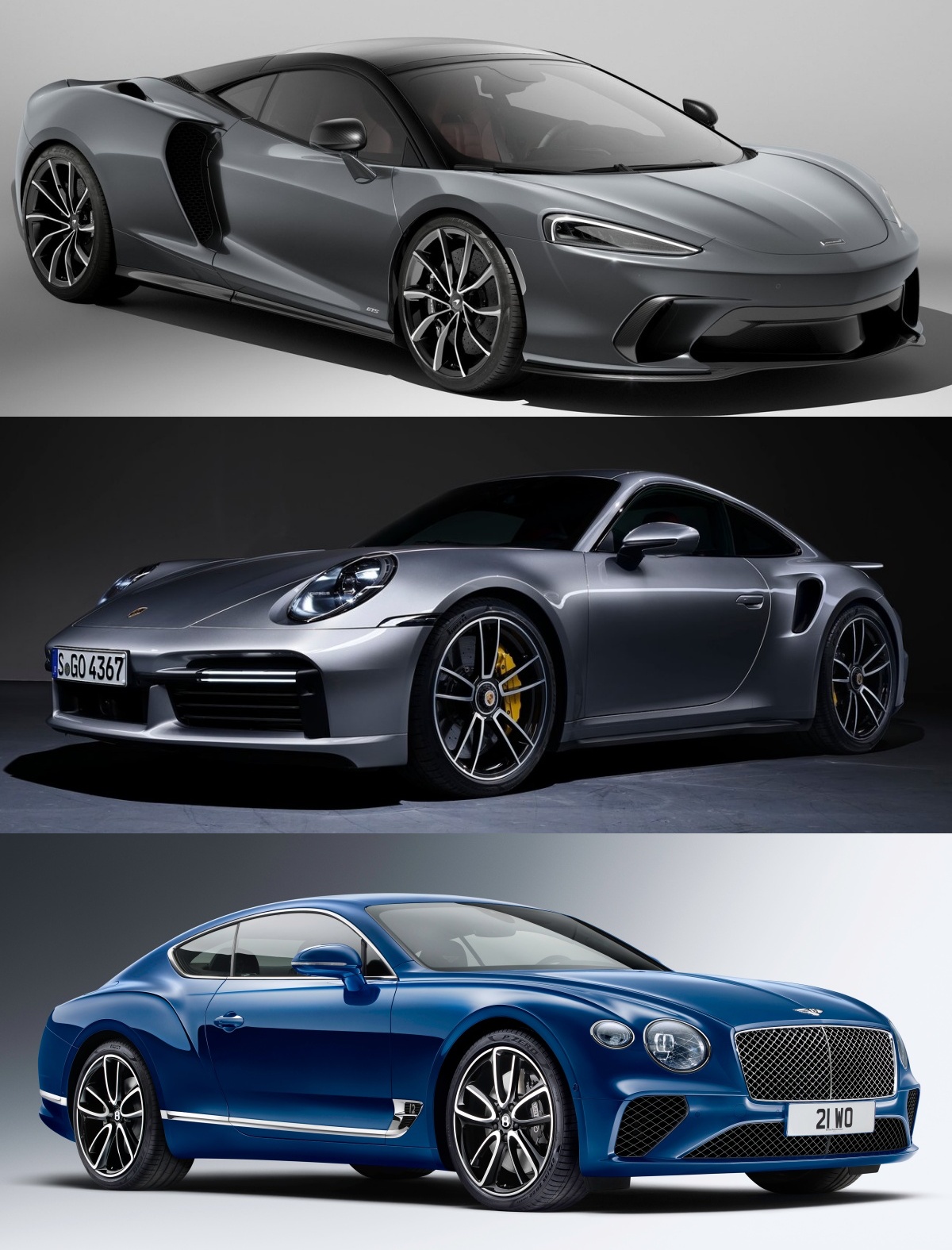 '맥라렌 GTS', '포르쉐 911 터보 S', '벤틀리 컨티넨탈 GT'의 사진이 순서대로 나열되어 있다.