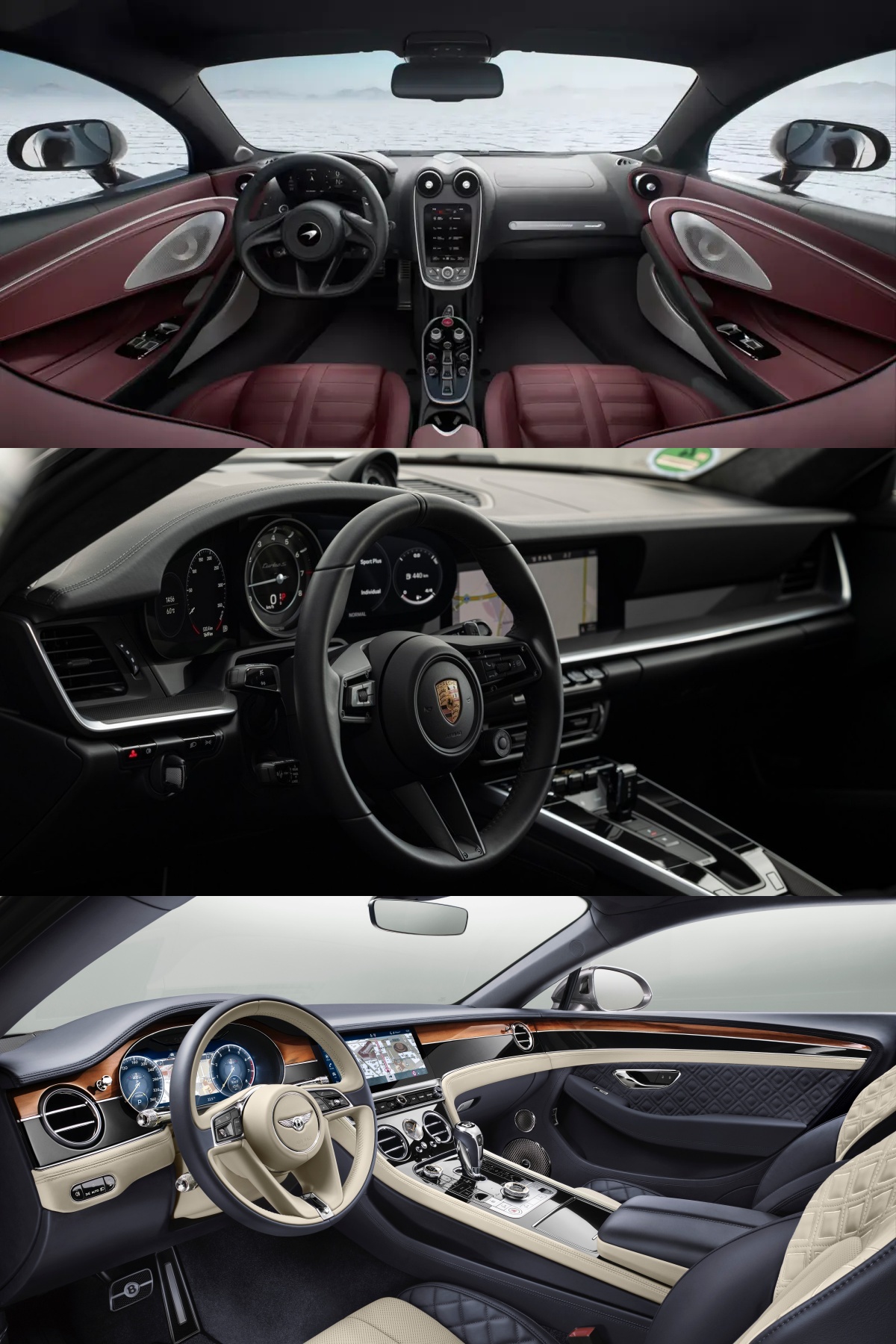맥라렌 GTS, 포르쉐 911 터보 S, 벤틀리 컨티넨탈 GT의 내부를 비교할 수 있도록 순서대로 사진을 나열하였다.