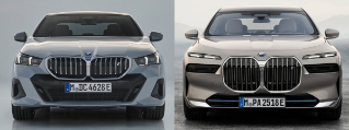 왼쪽에는 'BMW' 'i5', 오른쪽에는 'i7'의 정면 모습을 촬영한 사진이다. 
