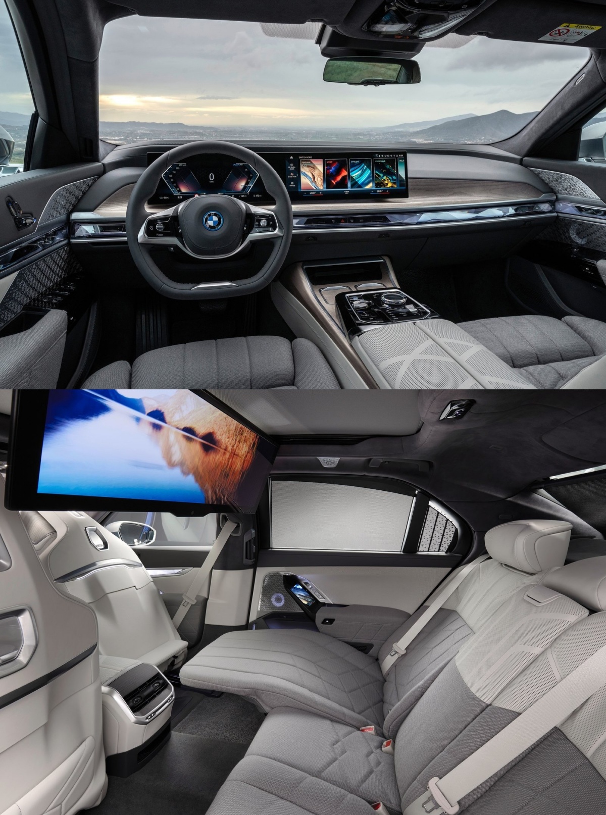 위에는 'BMW' 'i7' 앞좌석, 아래는 뒷좌석의 모습을 촬영한 사진이다.