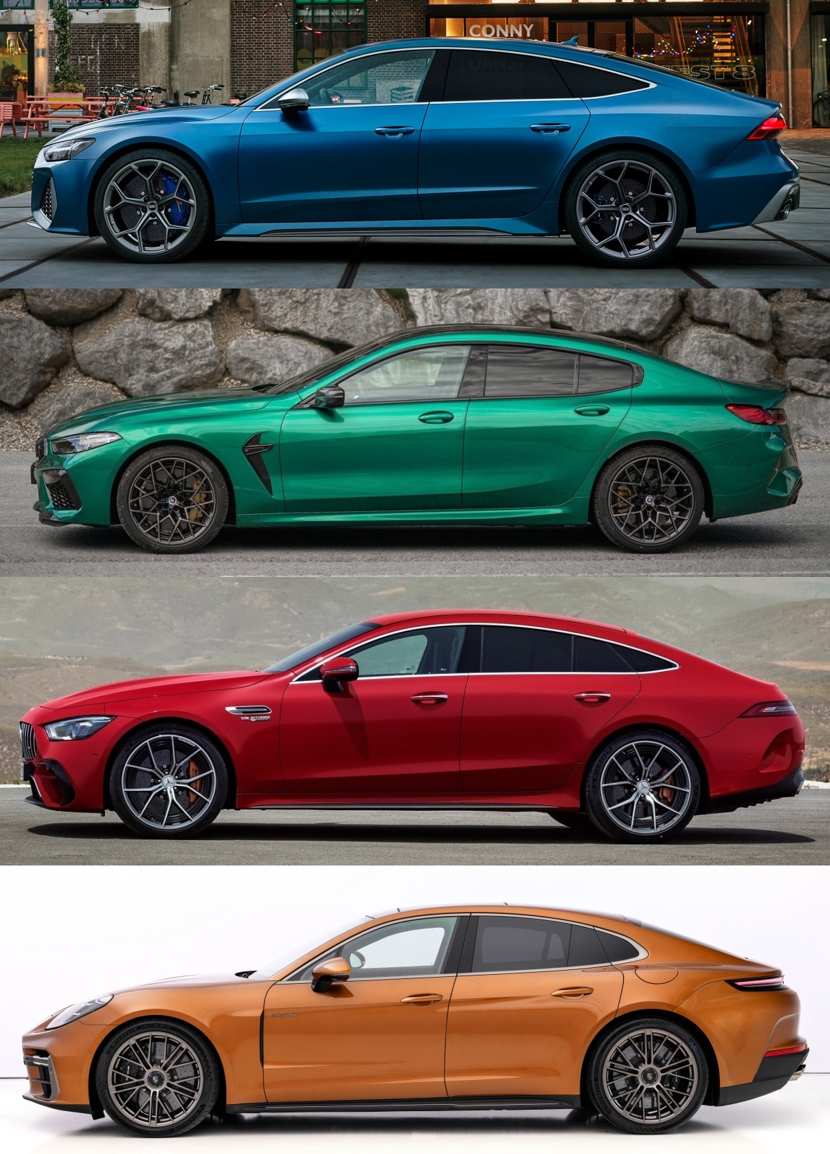 (위부터) '아우디 RS 7 퍼포먼스', 'BMW M8 컴페티션', 'AMG GT 4도어 63 S E 퍼포먼스', '포르쉐 파나메라 터보 E-하이브리드' 각각의 측면 모습을 촬영한 사진이다.