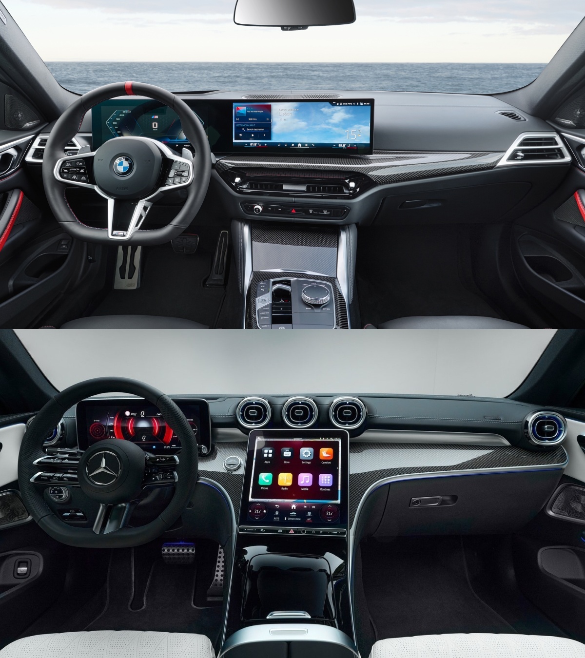'BMW M4 쿠페'(위)와 '벤츠 CLE 쿠페'의 내부 모습을 각각 촬영한 사진이다.