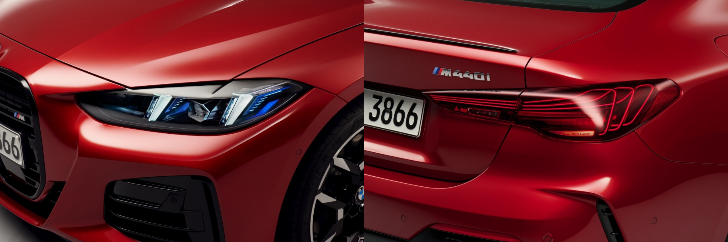 'BMW 4시리즈 쿠페'의 정면과 후면 라이트를 촬영한 사진이다.