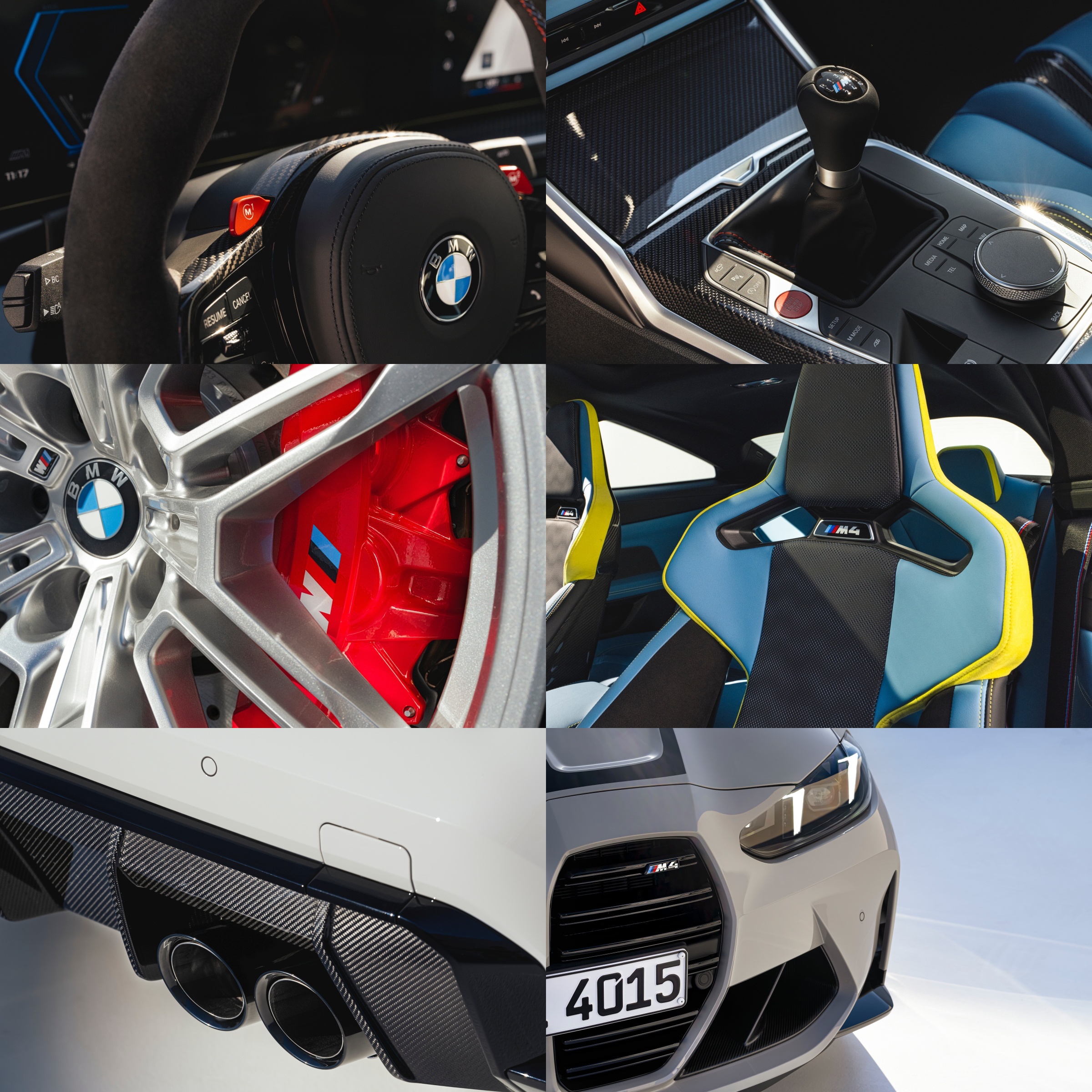 'BMW M4 쿠페'의 핸들, 기어, 휠, 시트 등 세부 모습을 촬영한 사진이다.