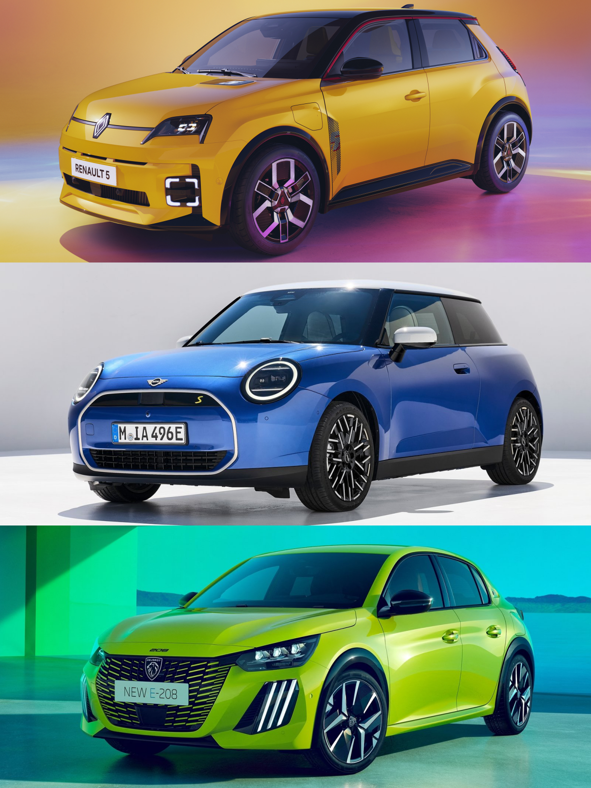 '노란색 르노 5 E-테크', '파란색 미니 쿠퍼 SE', '녹색 푸조 e-208' 차량 이미지이다.