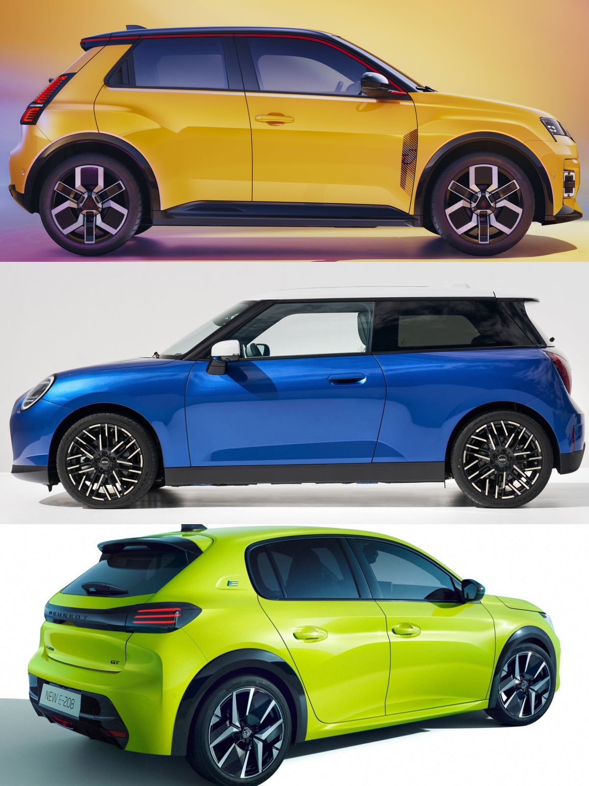 '노란색 르노 5 E-테크', '파란색 미니 쿠퍼 SE', '녹색 푸조 e-208' 차량 측면 이미지이다.