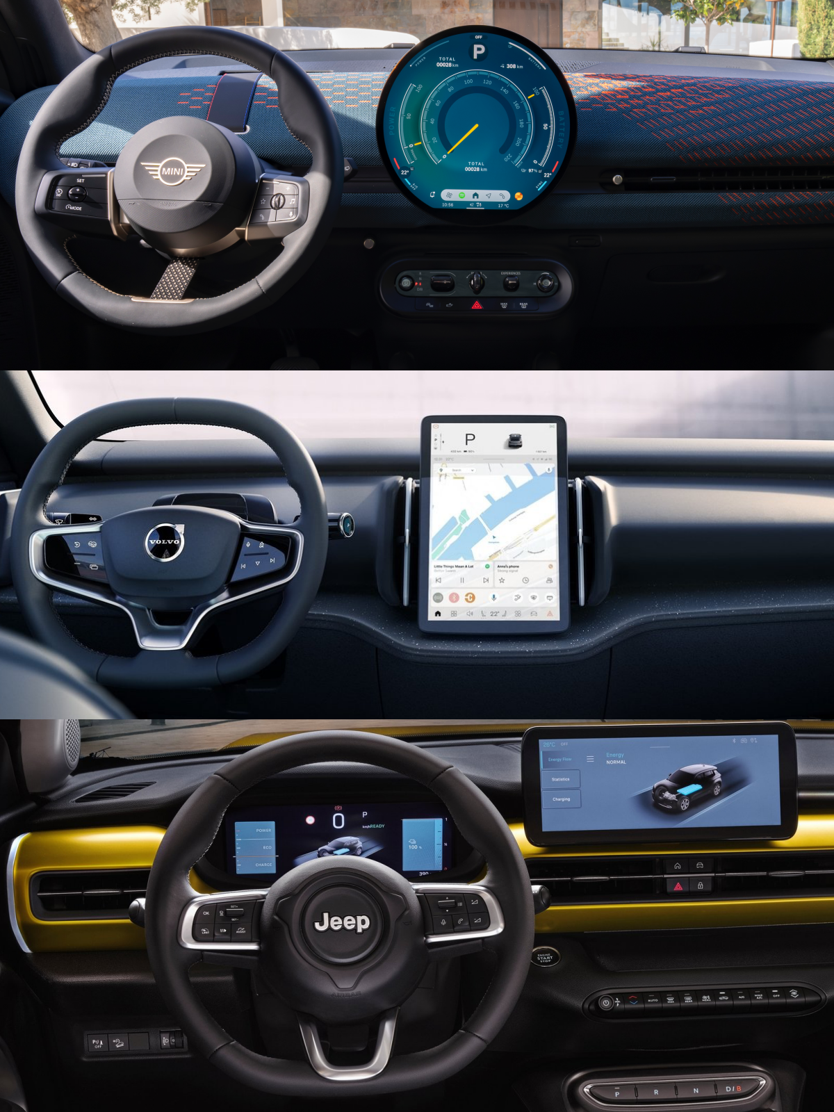 위부터 미니 에이스맨, '볼보 EX30', '지프 어벤저 EV' 차량 내부 이미지이다..