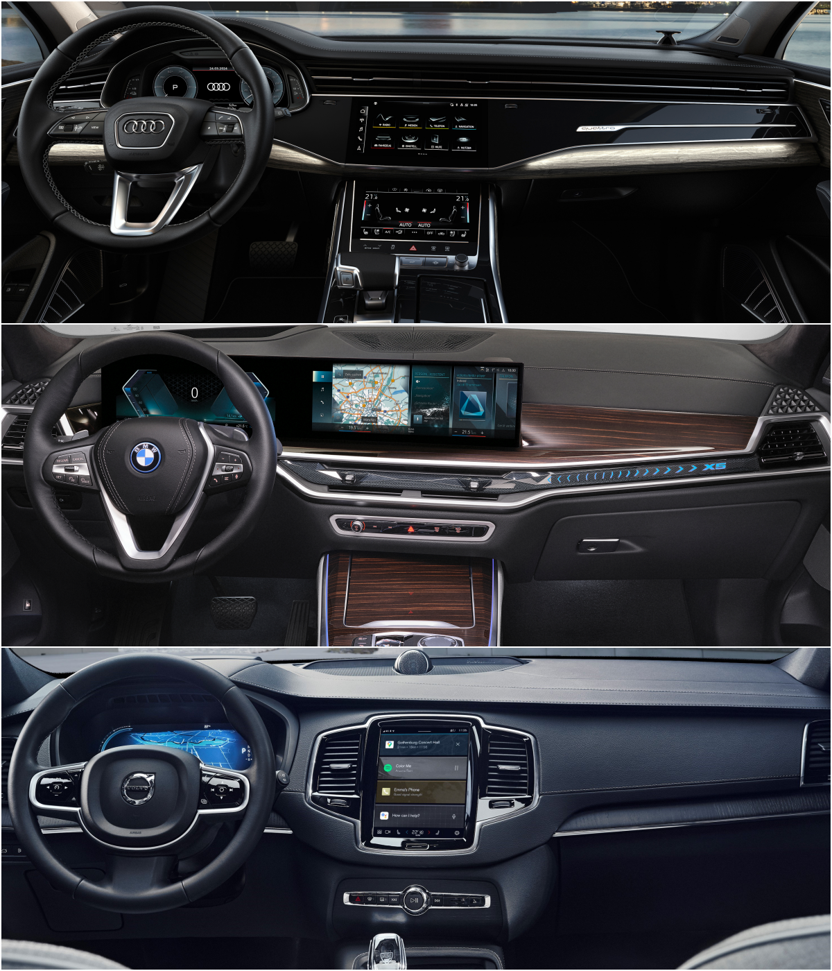 아우디 Q7, BMW X5, 볼보 XC90 차량 '내부' 운전석 이미지이다.