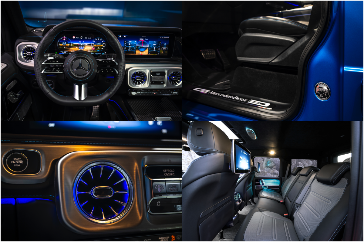 G 580 위드 EQ 테크놀로지 차량 '내부' 핸들과 시트, 송풍구 이미지이다.