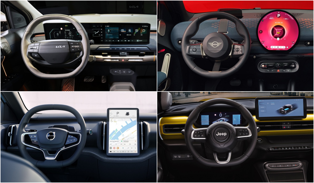 기아 EV3, 미니 에이스맨, 지프 어벤저, 볼보 EX30 차량 '내부' 운전석 핸들과 디스플레이어 이미지이다.
