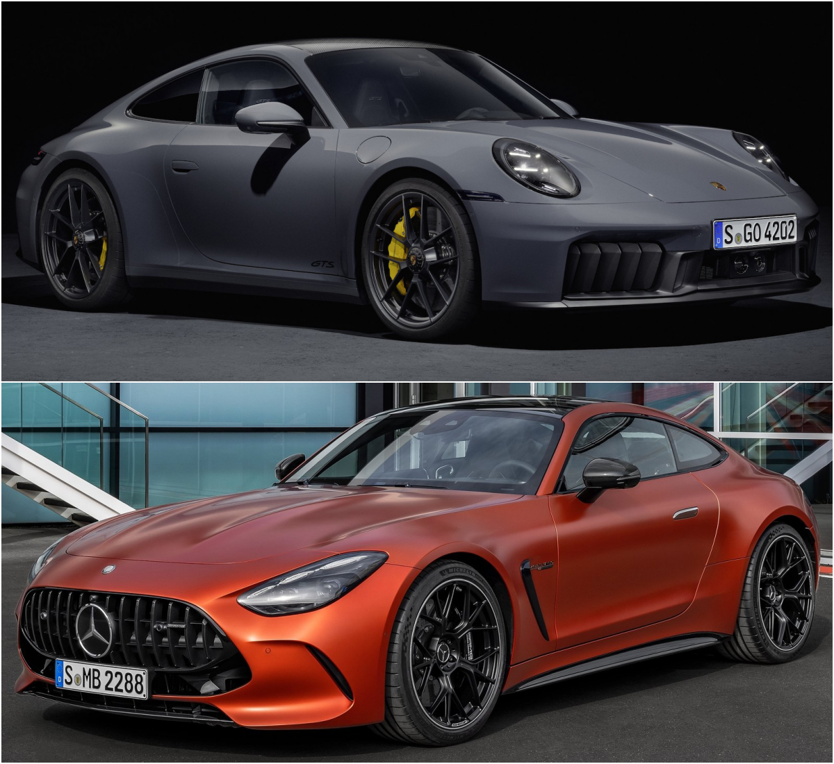 위에서 부터 포르쉐 911와 메르세데스-AMG GT 63 S E 퍼포먼스 '차량' 이미지이다.