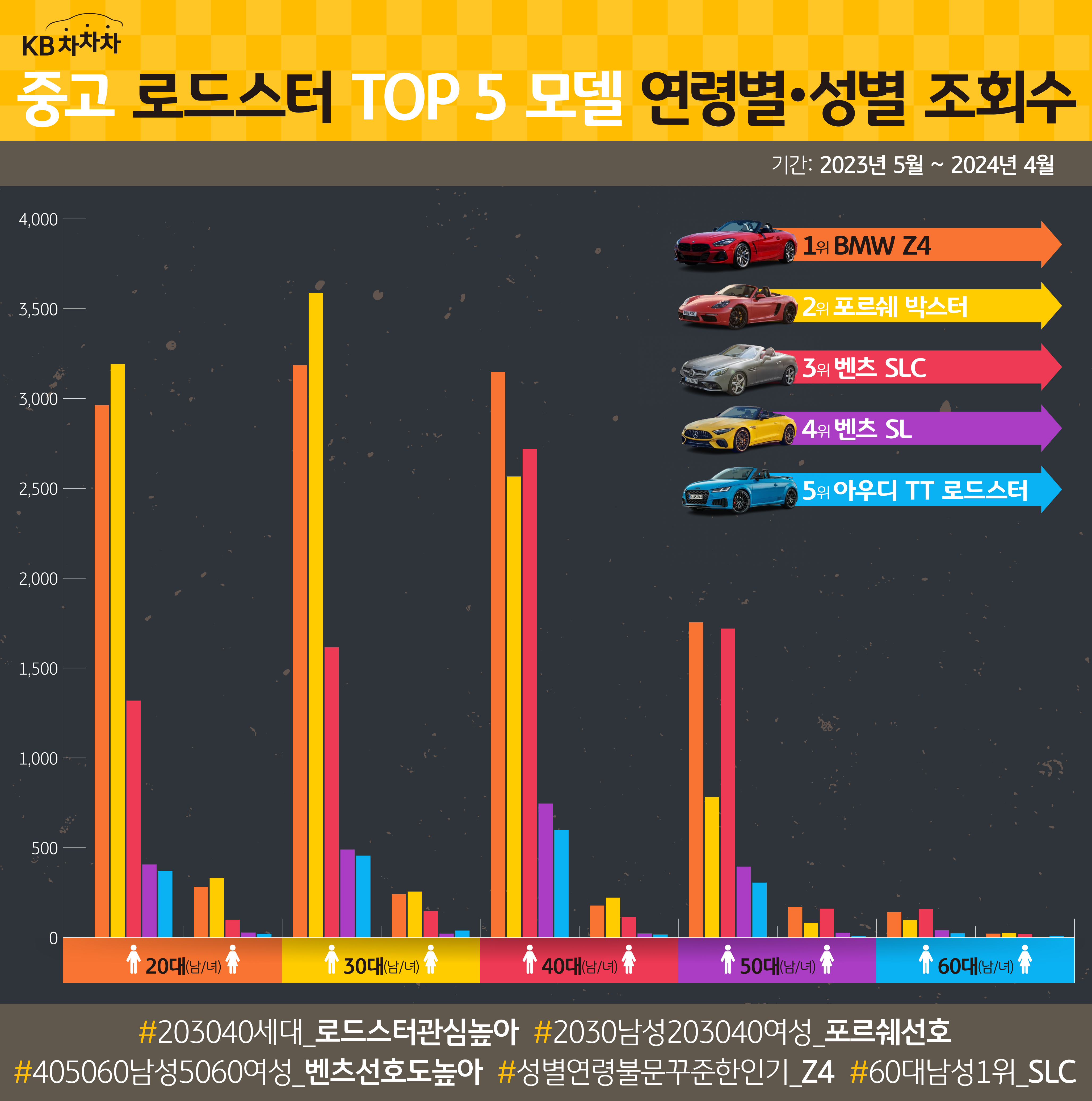 2023년 5월부터 2024년 4월까지 중고 로드스터 조회수 TOP 5 모델의 연령별, 성별 '조회수'를 살펴보면 60대 조회수는 저조하지만, 20대부터 50대까지 전반적으로 고른 조회수를 보이는 그래프이다.