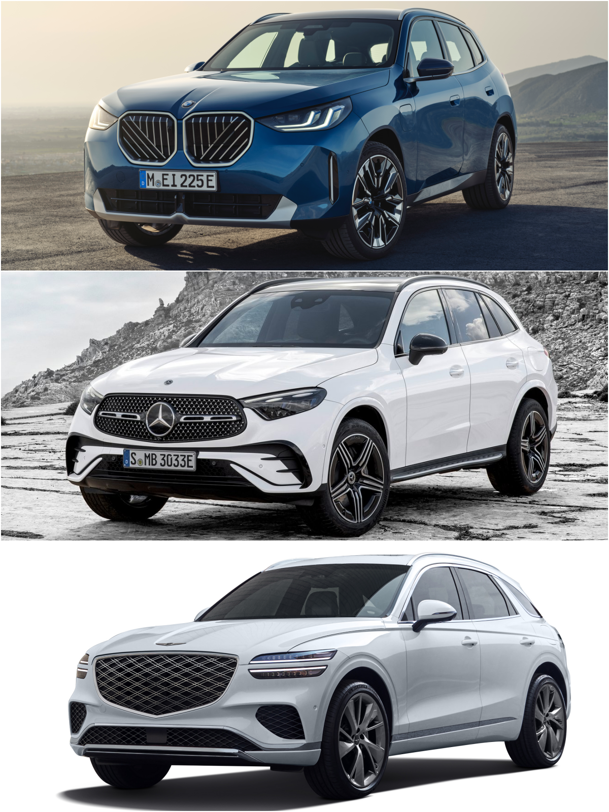 위부터 'BMW' X3, 벤츠 GLC, 제네시스 GV70 차량 이미지이다.