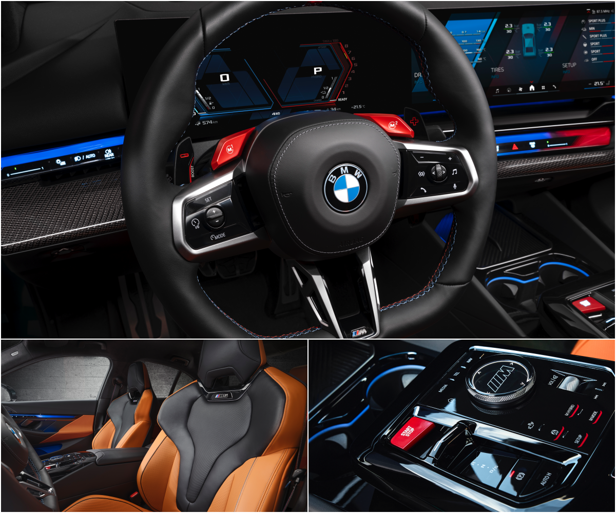 맨 위에는 BMW M5의 '내부' '운전석' 이미지고, 왼쪽 아래에는 BMW M5의 '시트' 이미지고, 오른쪽 아래는 BMW M5의 '센터콘솔' 이미지이다.