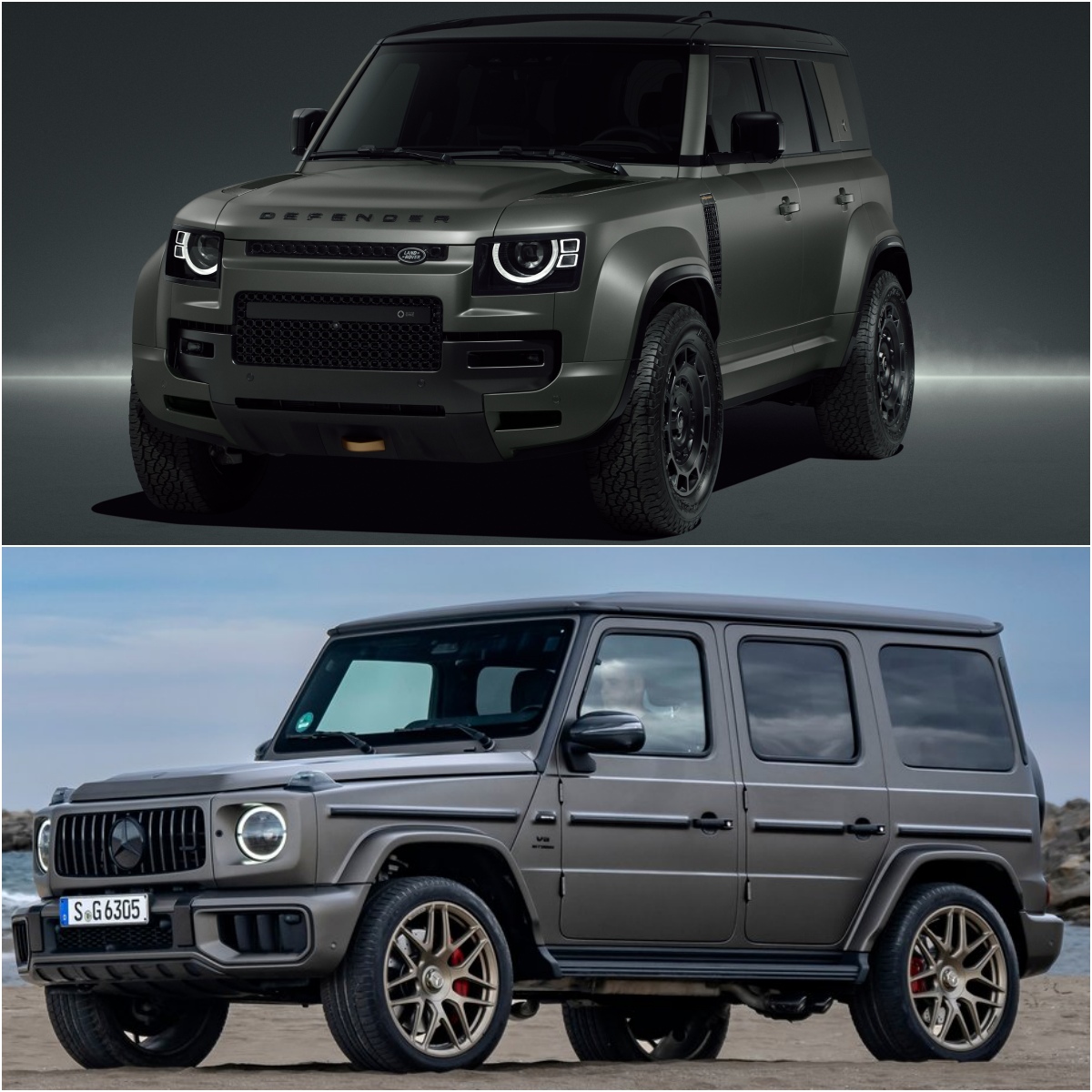 위에는 올리브색 랜드로버 디펜더 옥타의 '정면' 사진이고, 아래는 회색 메르세데스-AMG G 63의 '측면' 사진이다.