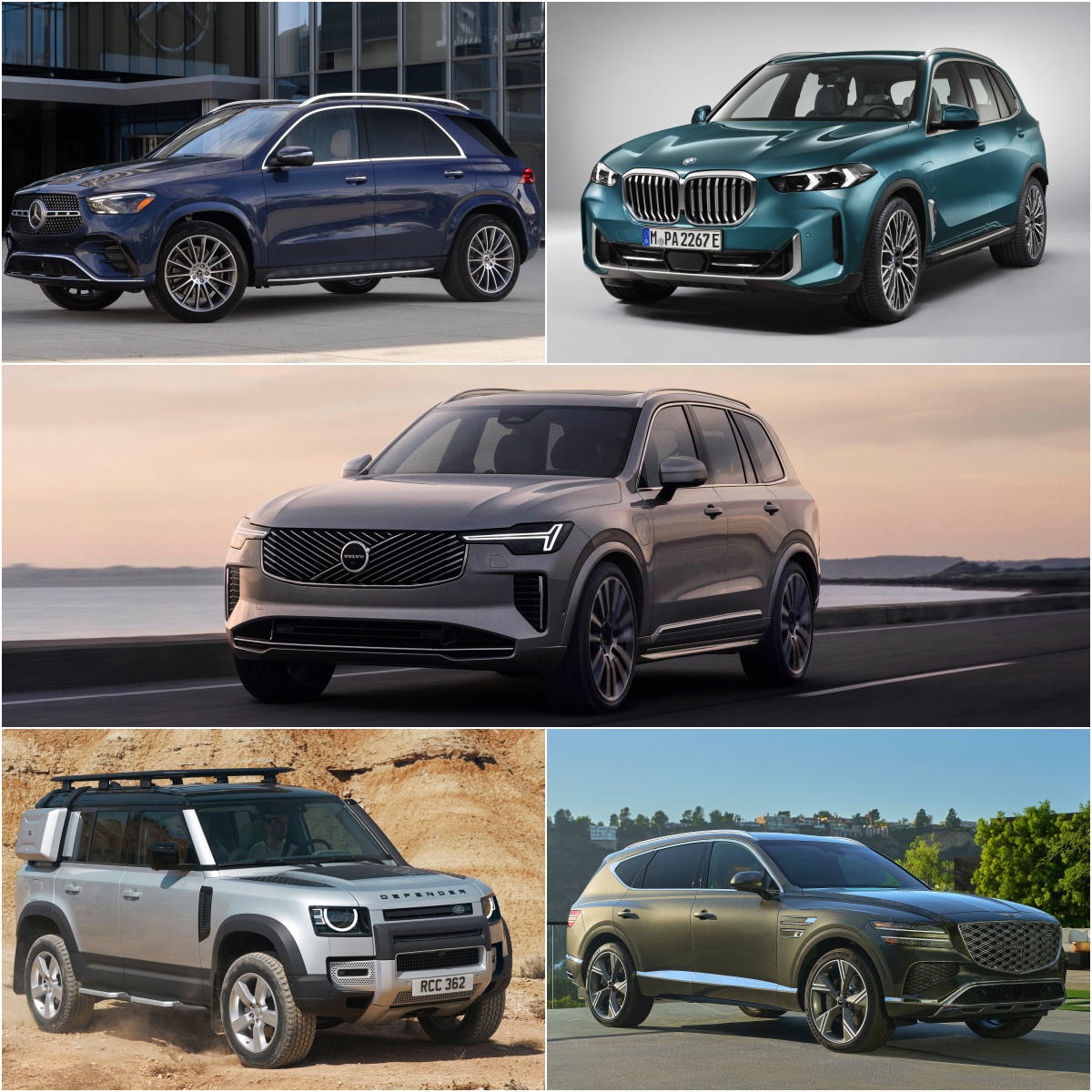 왼쪽 위부터 시계방향으로 벤츠 GLE, BMW X5, 볼보 XC90, 제네시스 GV80, 랜드로버 디펜더의 '정면' 또는 '측면' 사진이다.