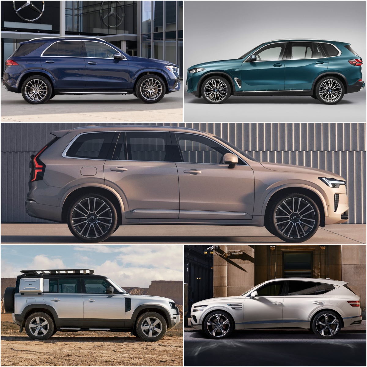 왼쪽 위부터 시계방향으로 벤츠 GLE, BMW X5, 볼보 XC90, 제네시스 GV80, 랜드로버 디펜더의 '측면' 사진이다.