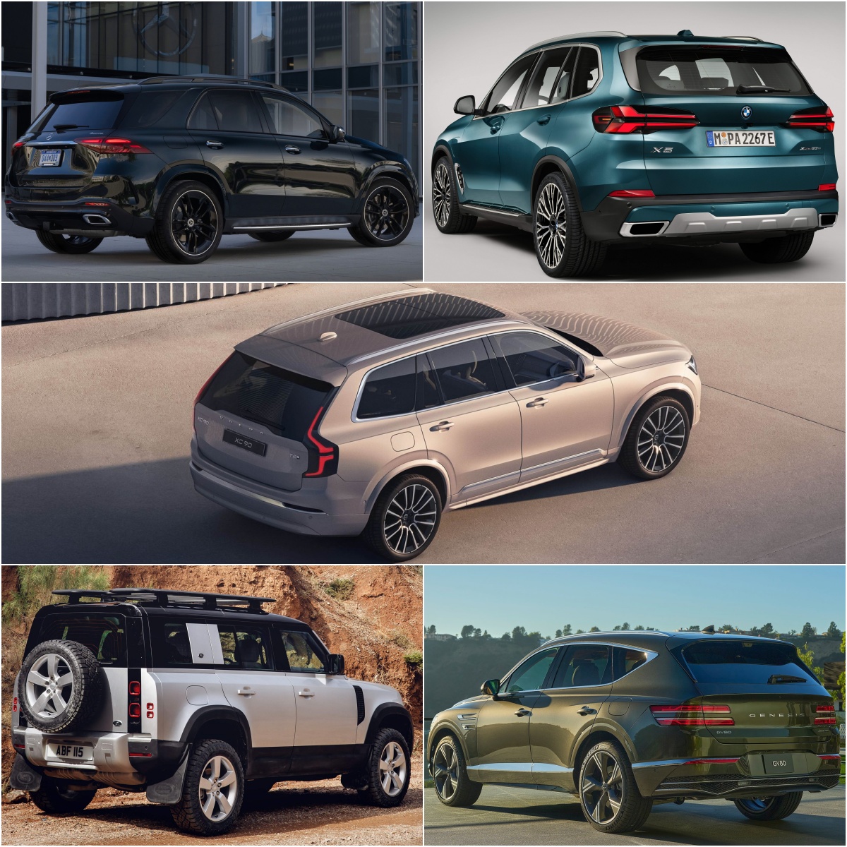 왼쪽 위부터 시계방향으로 벤츠 GLE, BMW X5, 볼보 XC90, 제네시스 GV80, 랜드로버 디펜더의 '후면' 또는 '측면' 사진이다.