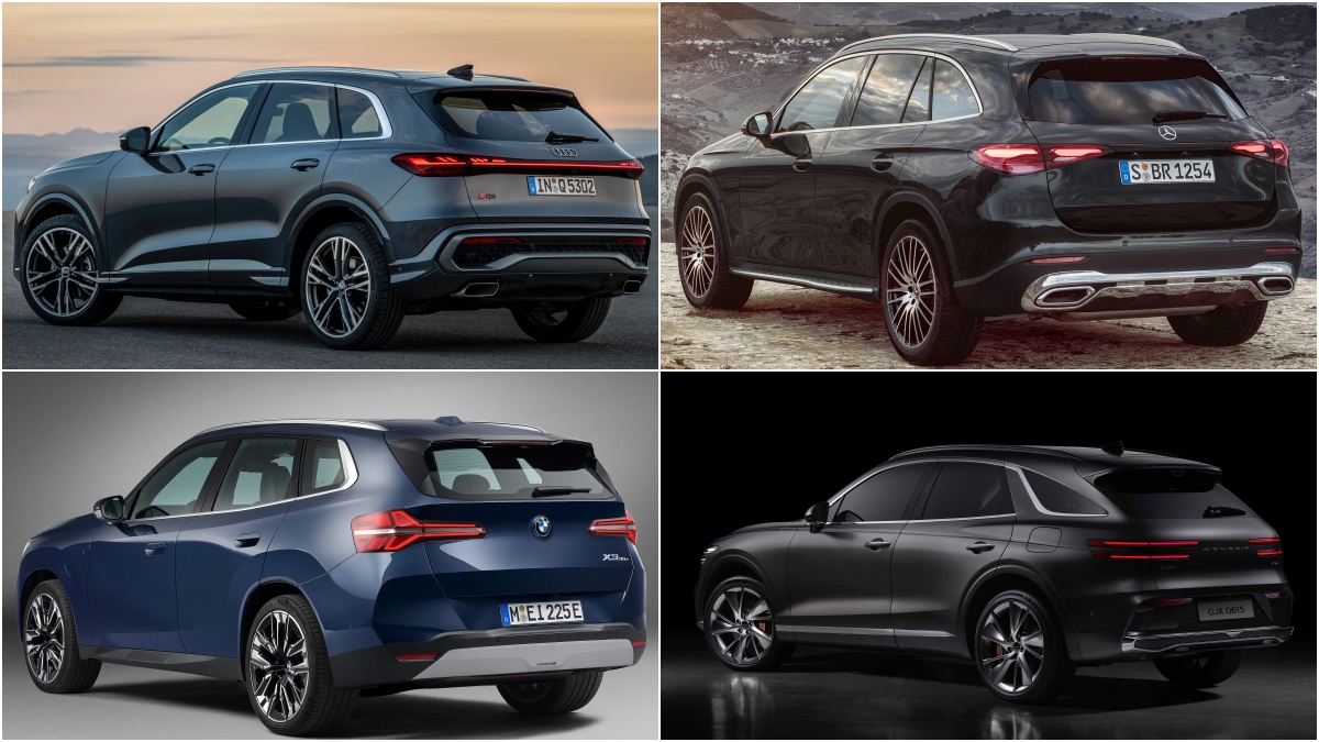 왼쪽 위부터 시계방향으로 아우디 Q5, 벤츠 GLC, 제네시스 GV70, BMW X3의 '후면', '측면' 사진이다.