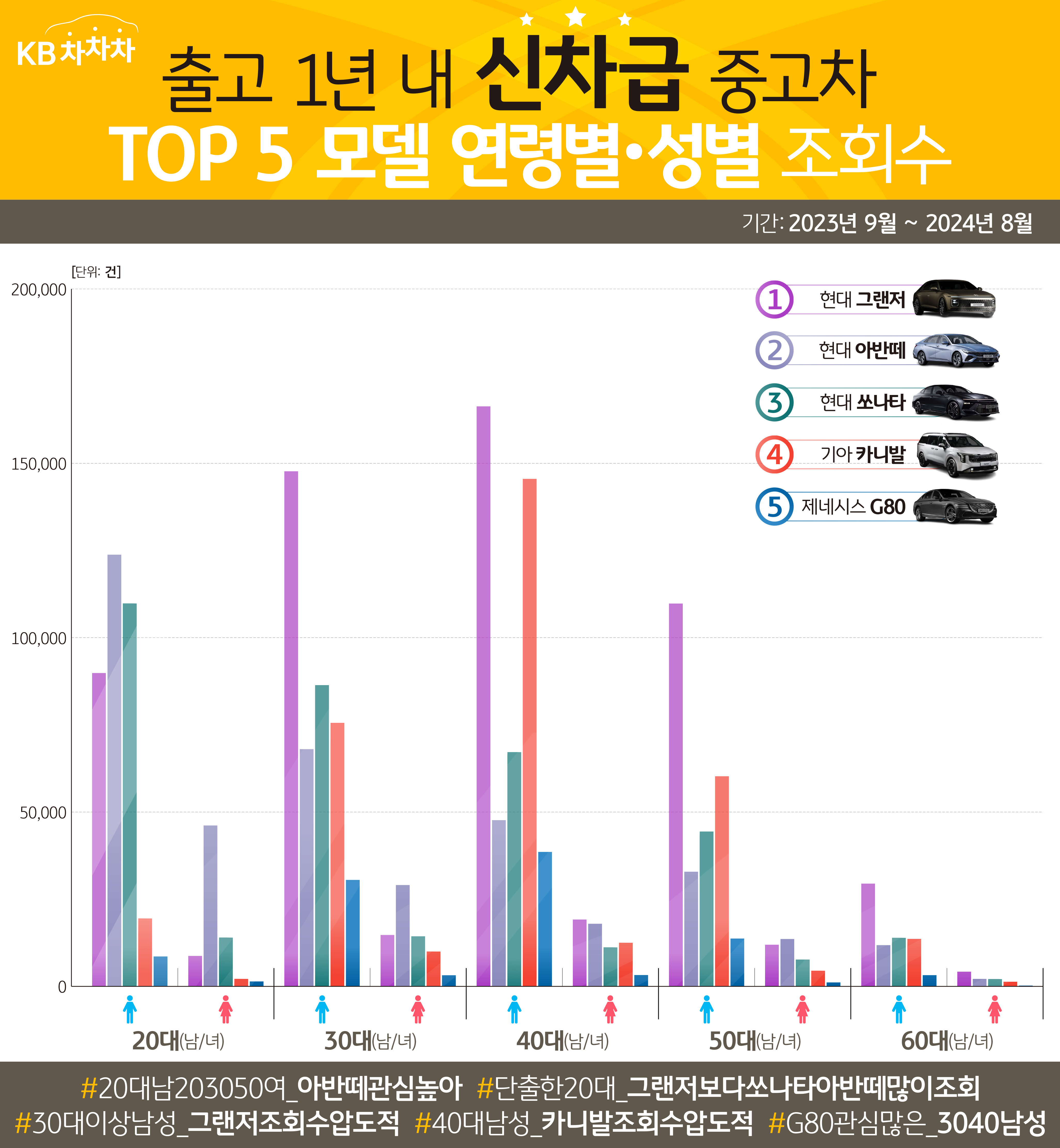 출고 1년 내 '신차급 중고차' TOP 5 모델 '연령별', '성별' 조회수를 정리한 그래프이다.