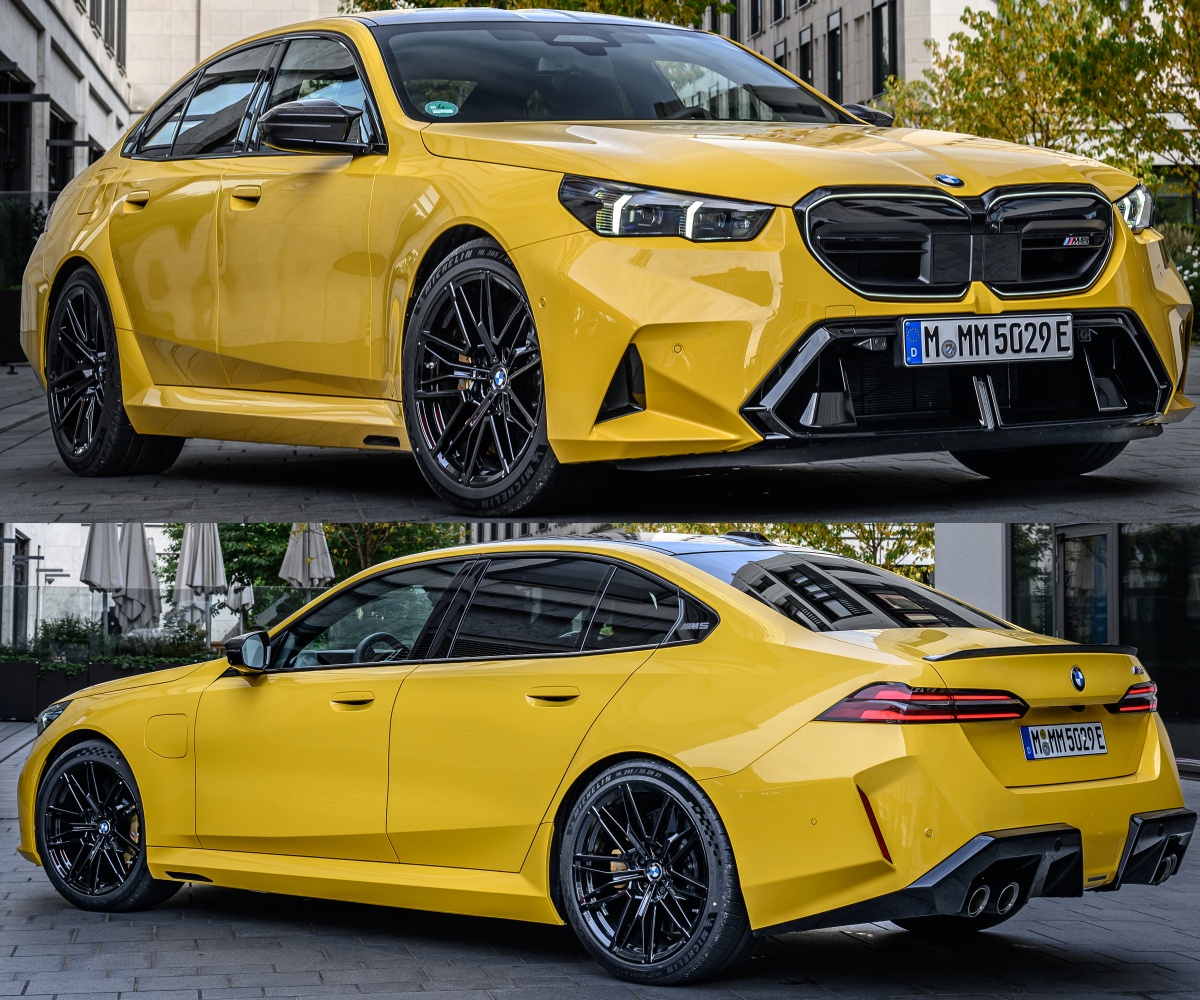 노란색 BMW M5의 '정면'과 '후면' 사진이다.