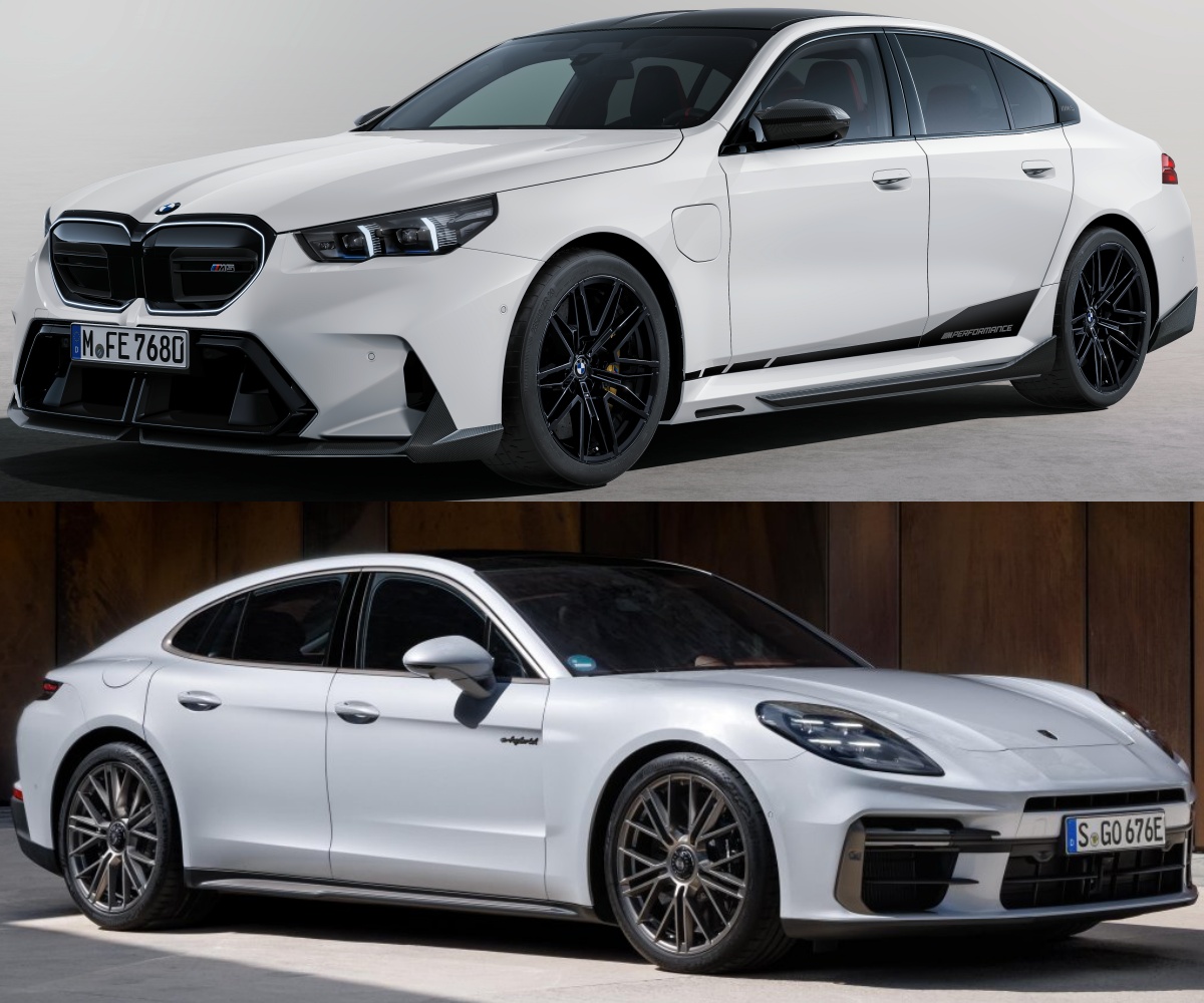 흰색 BMW M5와 흰색 포르쉐 파나메라 터보 S E-하이브리드의 '측면' 사진이다.
