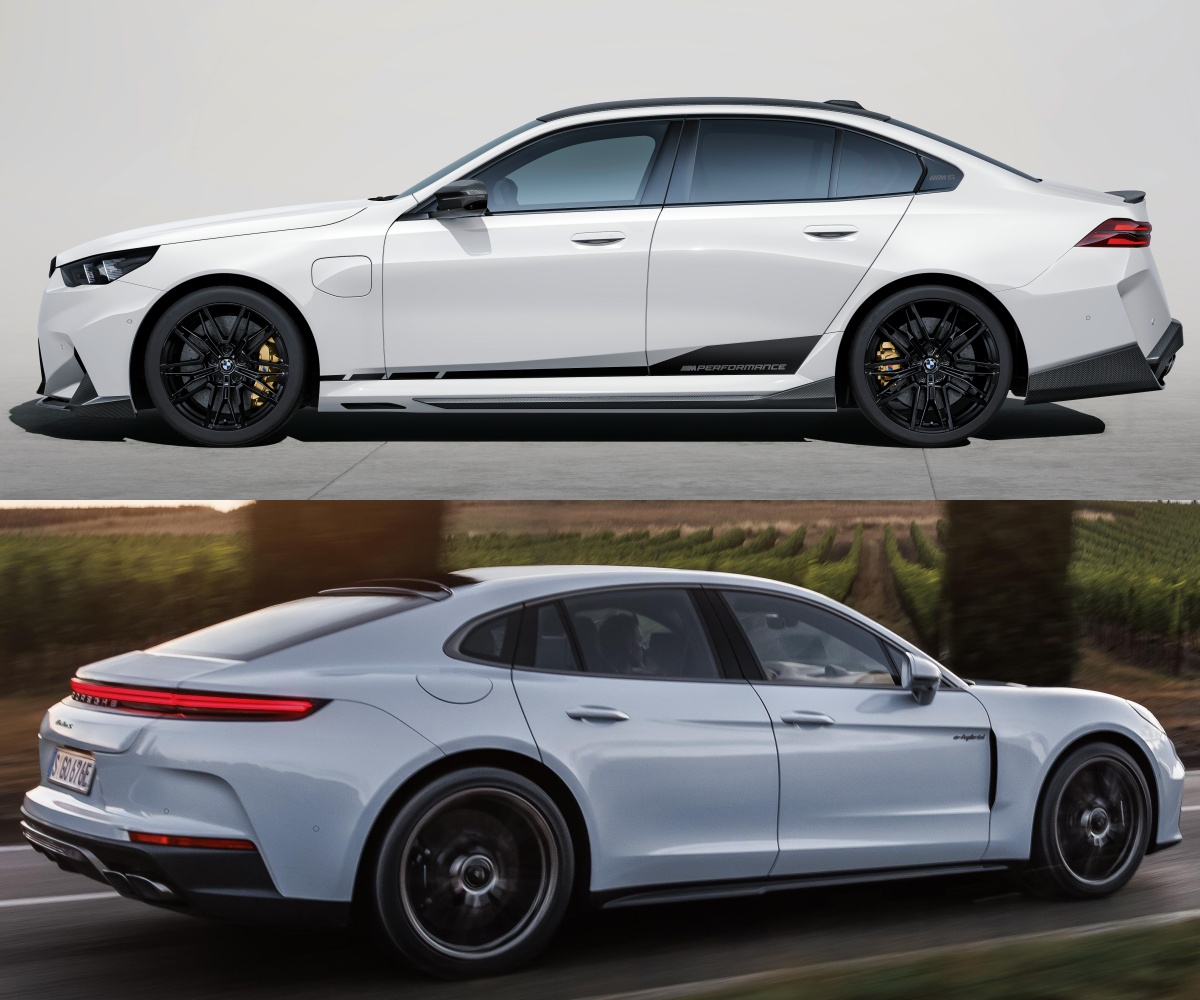 흰색 BMW M5와 은색 포르쉐 파나메라 터보 S E-하이브리드의 '측면' 사진이다.