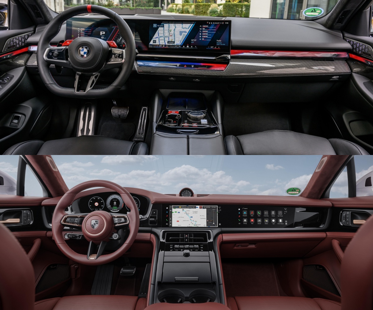 BMW M5와 포르쉐 파나메라 터보 S E-하이브리드의 '내부' '운전석' 사진이다.