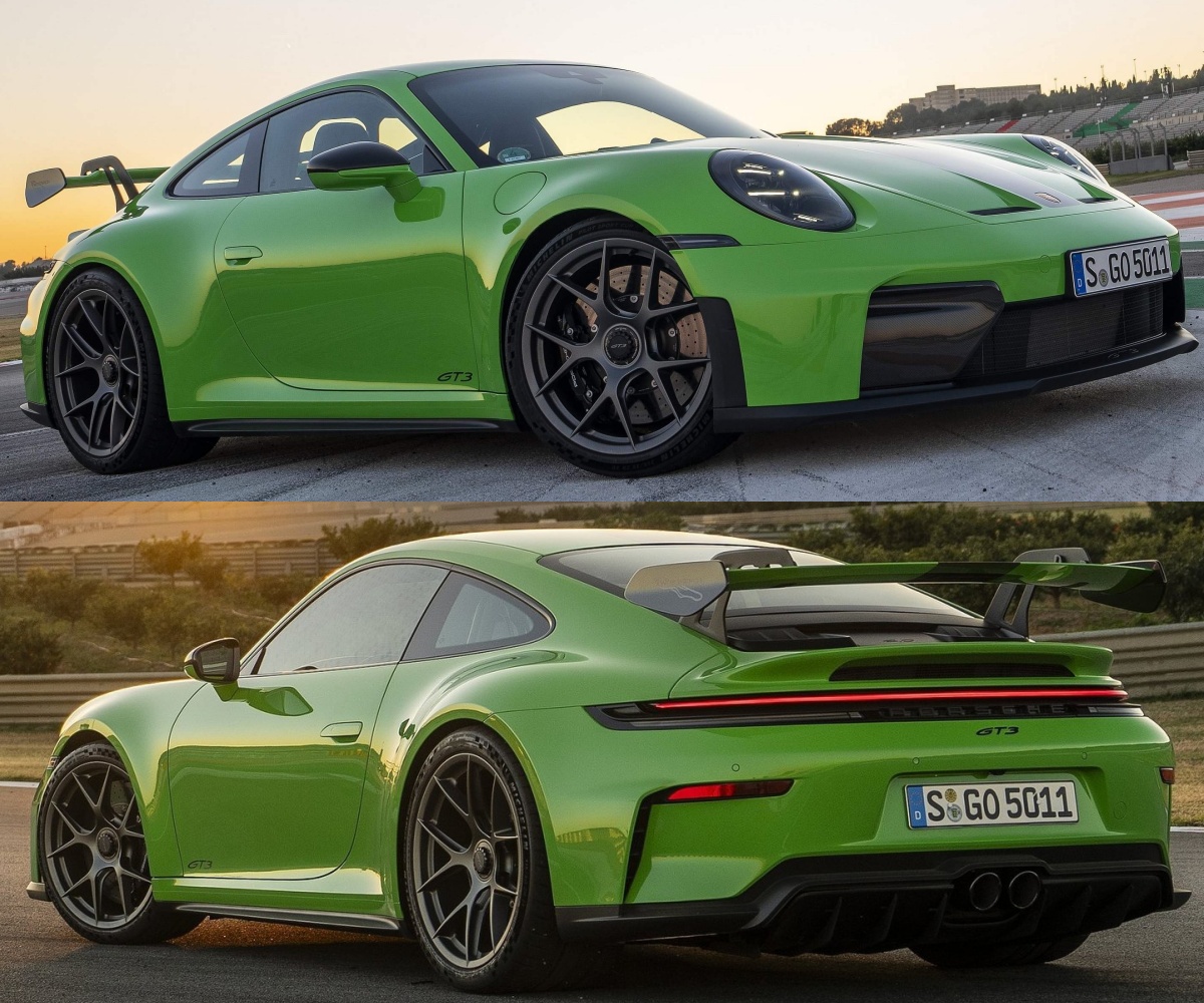 연두색 포르쉐 911 GT3의 '정면', '측면', '후면' 사진이다.
