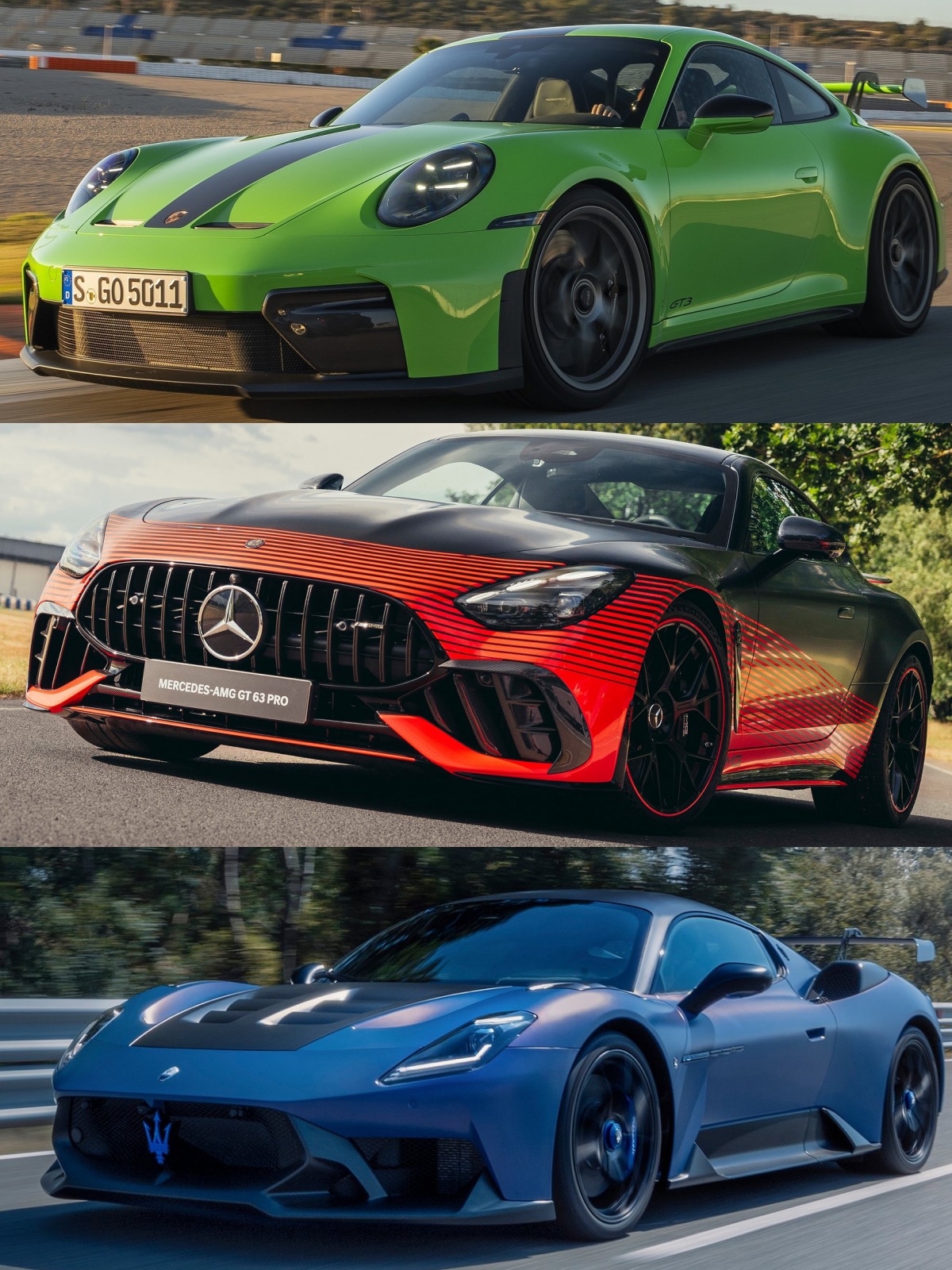 연두색 포르쉐 911 GT3, 빨간색 메르세데스-AMG GT 63 프로 4MATIC+, 파란색 마세라티 GT2 스트라달레의 '정면'과 '측면' 사진이다.