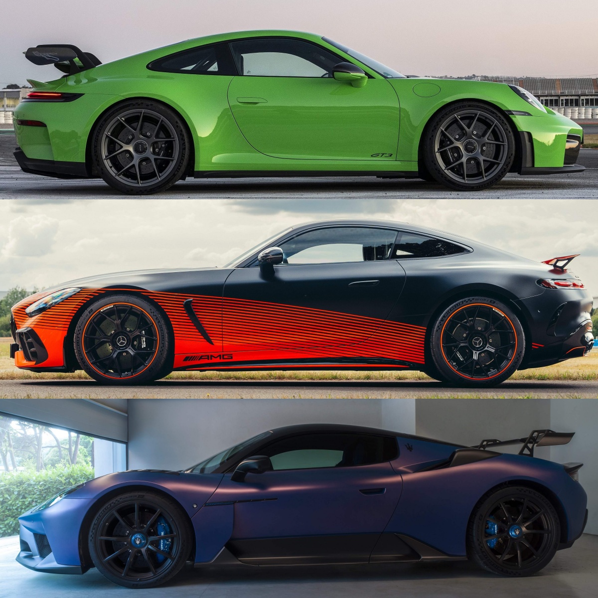 위부터 연두색 포르쉐 911 GT3, 빨간색 메르세데스-AMG GT 63 프로 4MATIC+, 파란색 마세라티 GT2의 '측면' 사진이다.