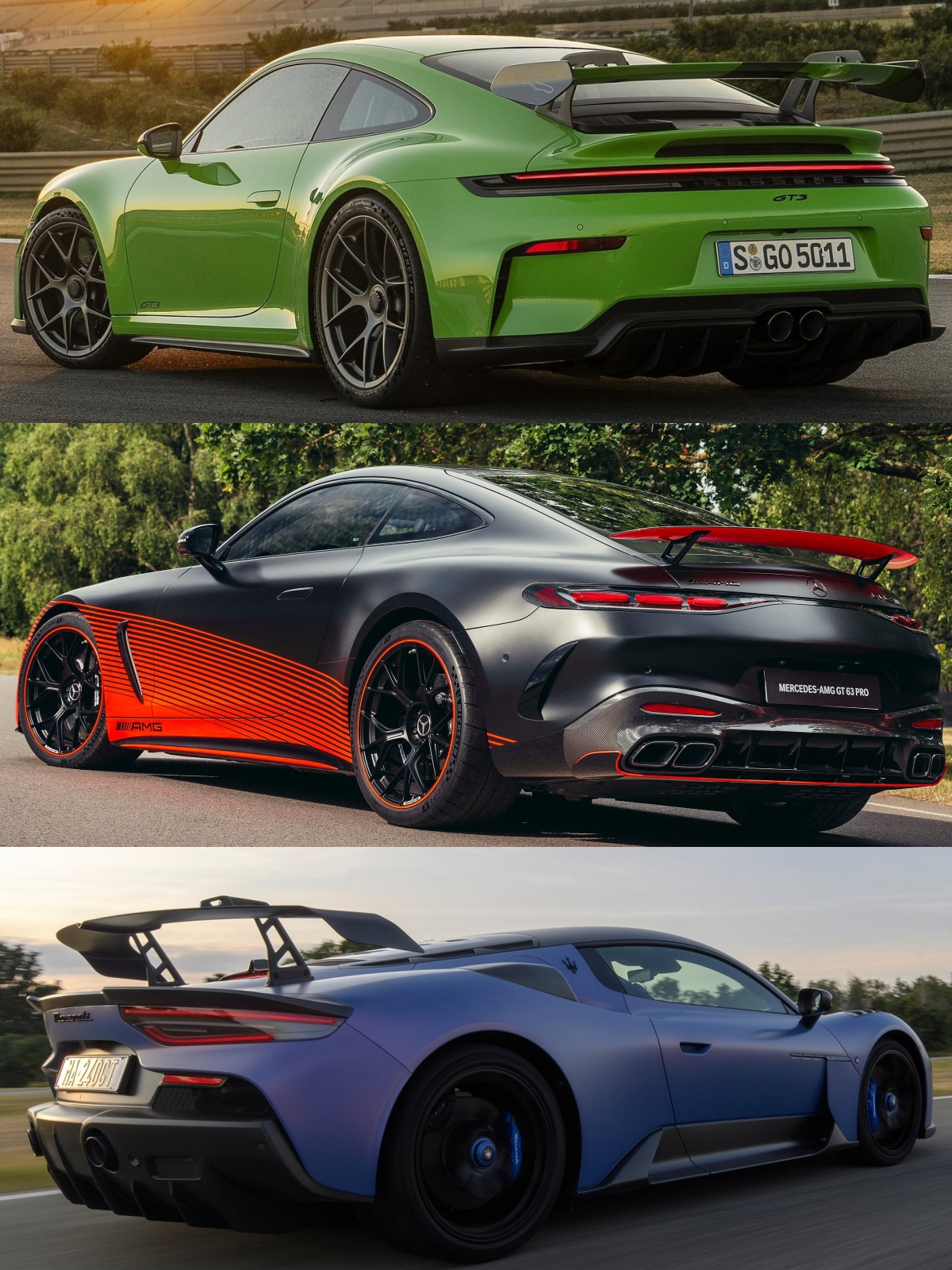 위부터 연두색 포르쉐 911 GT3, 빨간색 메르세데스-AMG GT 63 프로 4MATIC+, 파란색 마세라티 GT2 스트라달레의 '후면'과 '측면' 사진이다.