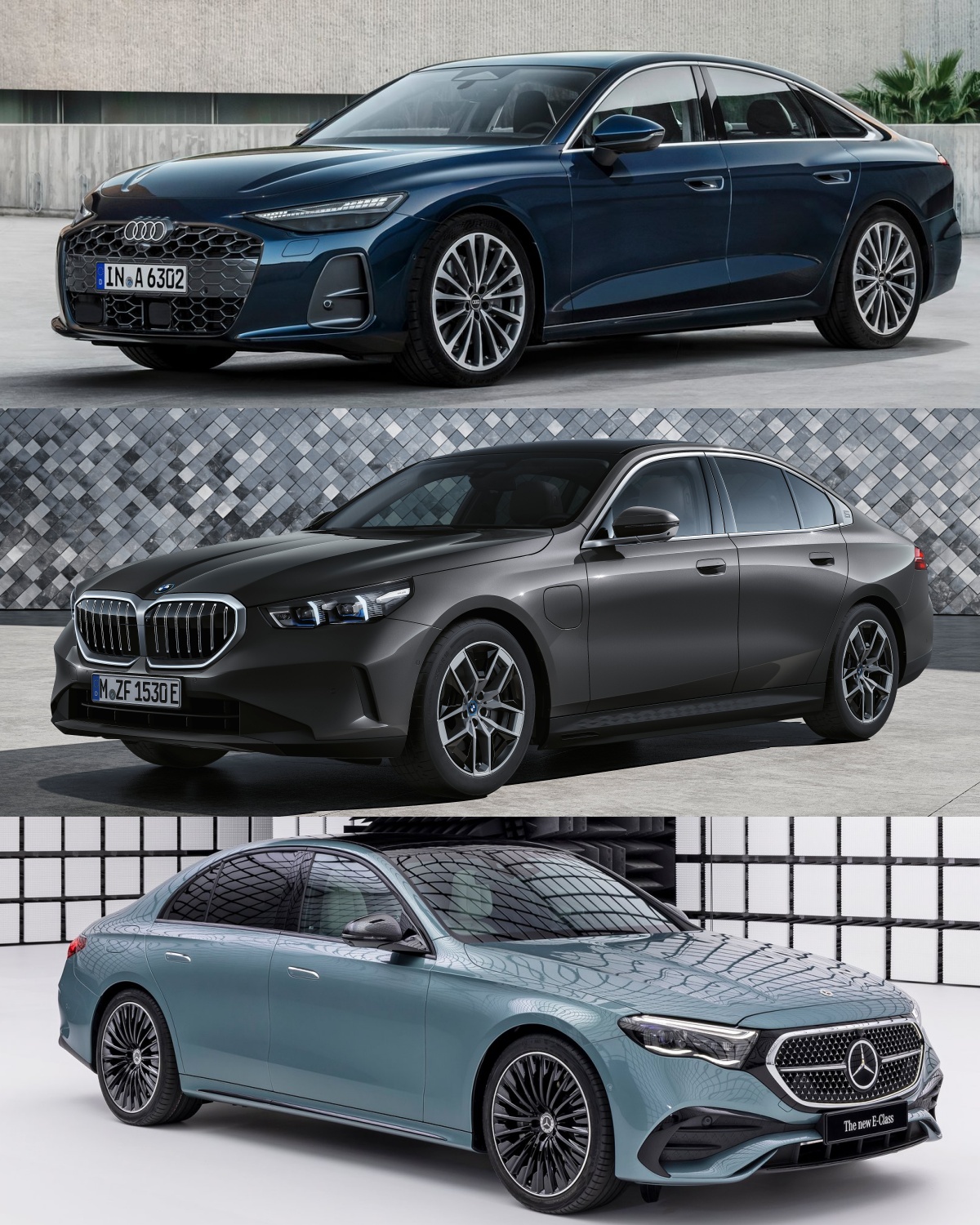 위부터 아우디 A6, BMW 5시리즈, 메르세데스-벤츠 E-클래스의 '정면' 사진이다.