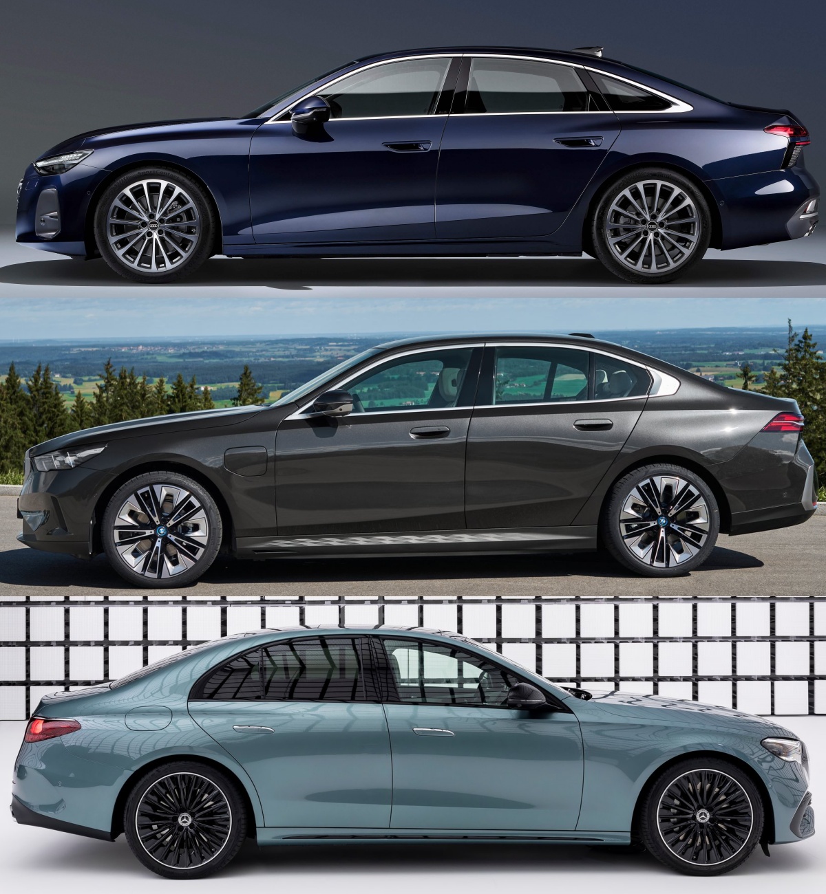 위부터 아우디 A6, BMW 5시리즈, 메르세데스-벤츠 E-클래스의 '측면' 사진이다.