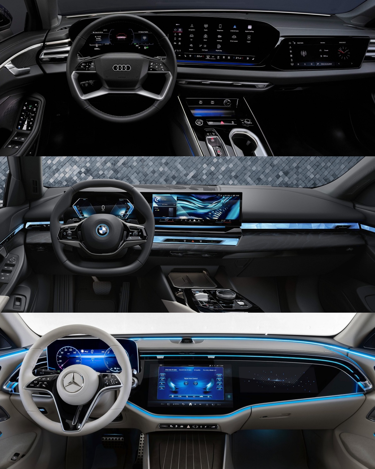 위부터 아우디 A6, BMW 5시리즈, 메르세데스-벤츠 E-클래스의 '내부' '운전석' 사진이다.