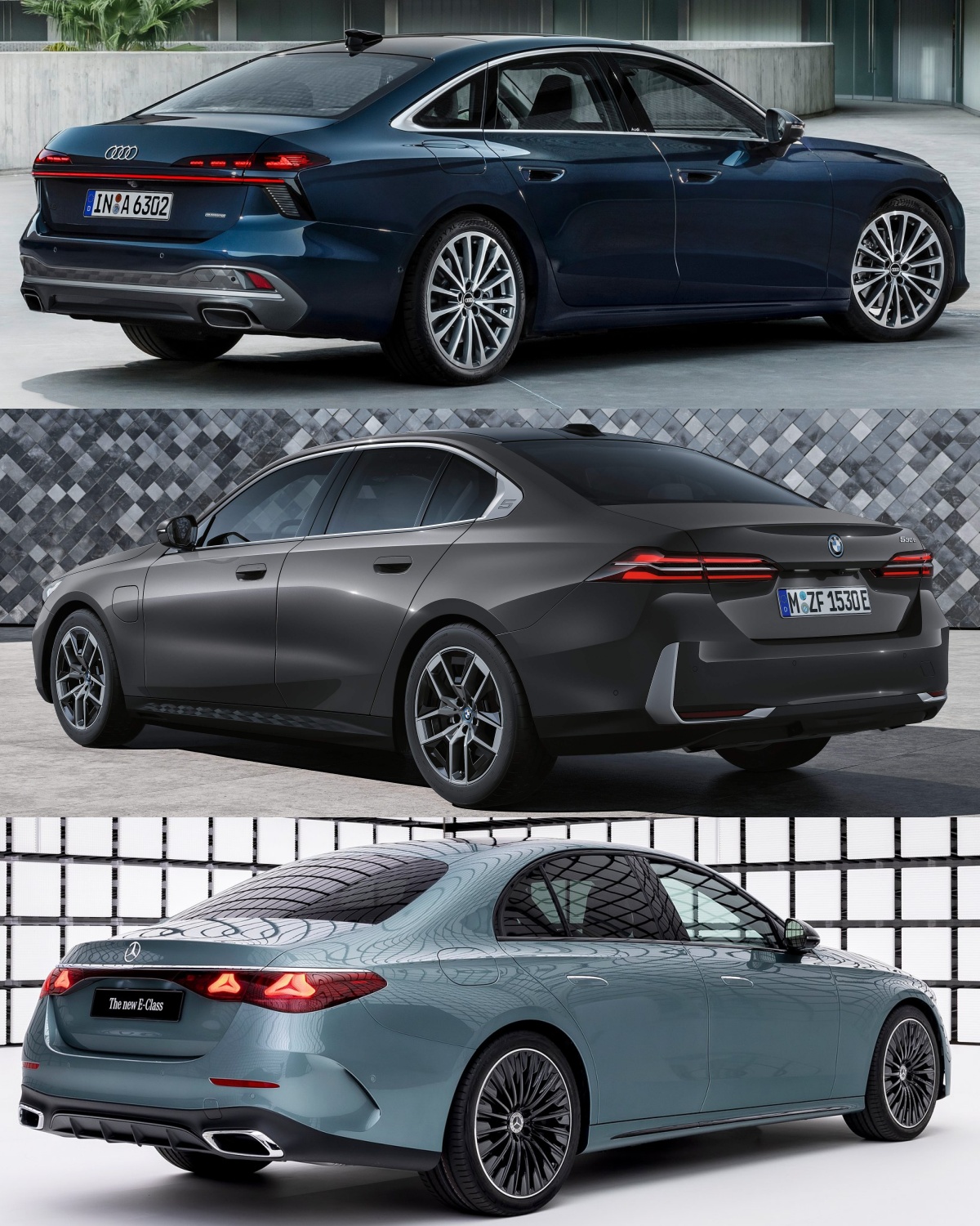 위부터 아우디 A6, BMW 5시리즈, 메르세데스-벤츠 E-클래스의 '후면' 사진이다.