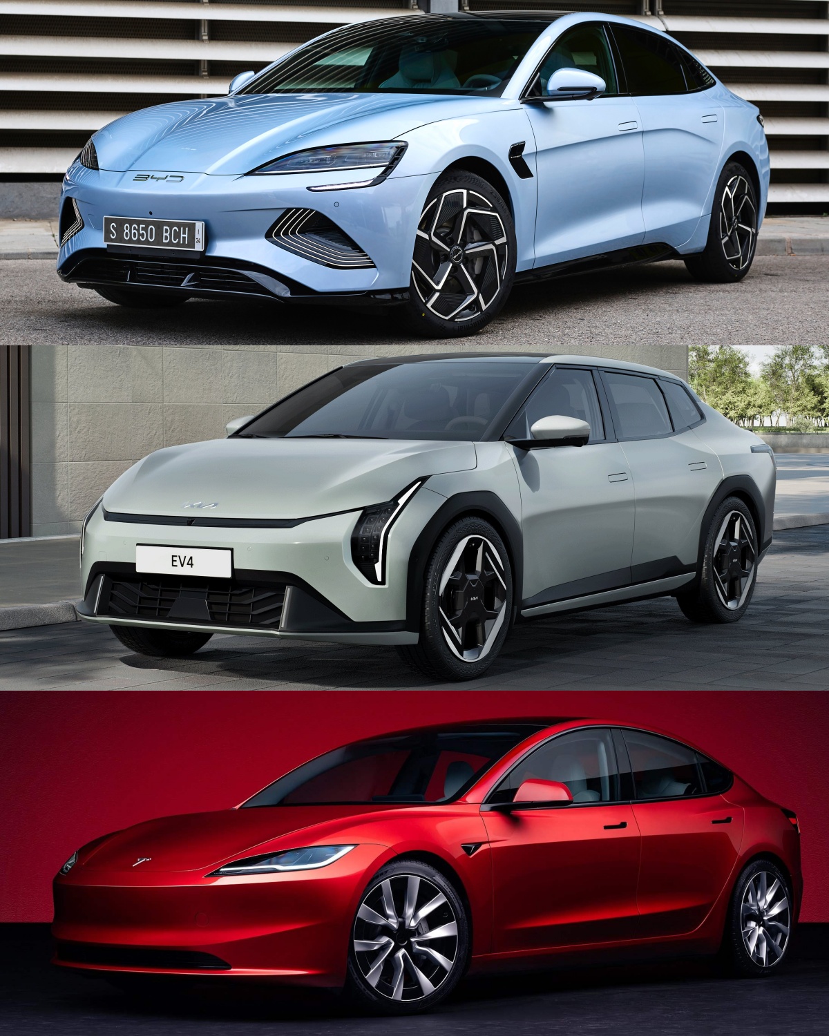 BYD 씰, 기아 EV4, 테슬라 모델 3의 '정면' 사진이다.
