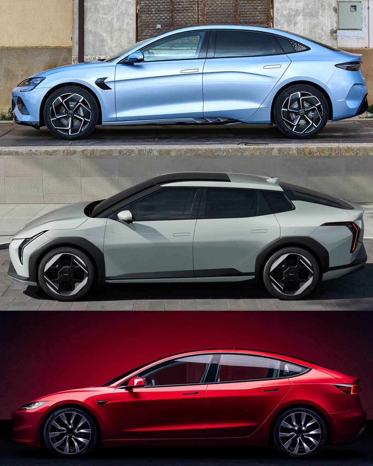 BYD 씰, 기아 EV4, 테슬라 모델 3의 '측면' 사진이다.