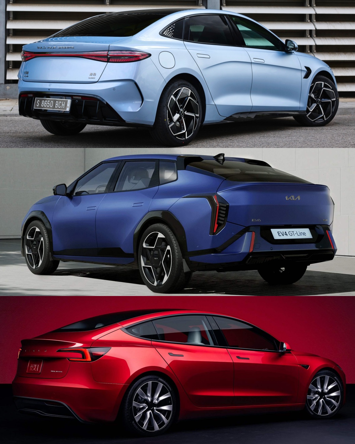 BYD 씰, 기아 EV4, 테슬라 모델 3의 '후면' 사진이다.