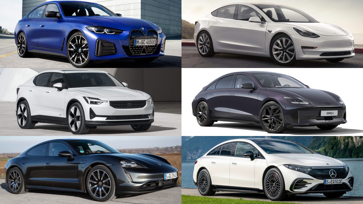 왼쪽 위부터 시계방향으로 'BMW i4', '테슬라 모델 3', '현대 아이오닉 6', '메르세데스-벤츠 EQS', '포르쉐 타이칸', '폴스타 2' 사진이다.