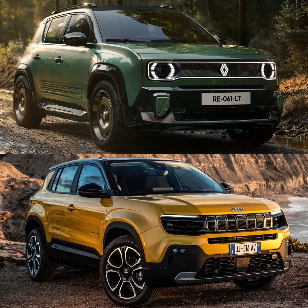 르노 4 사반4x4 콘셉트와 지프 어벤저의 '정면' 사진이다.