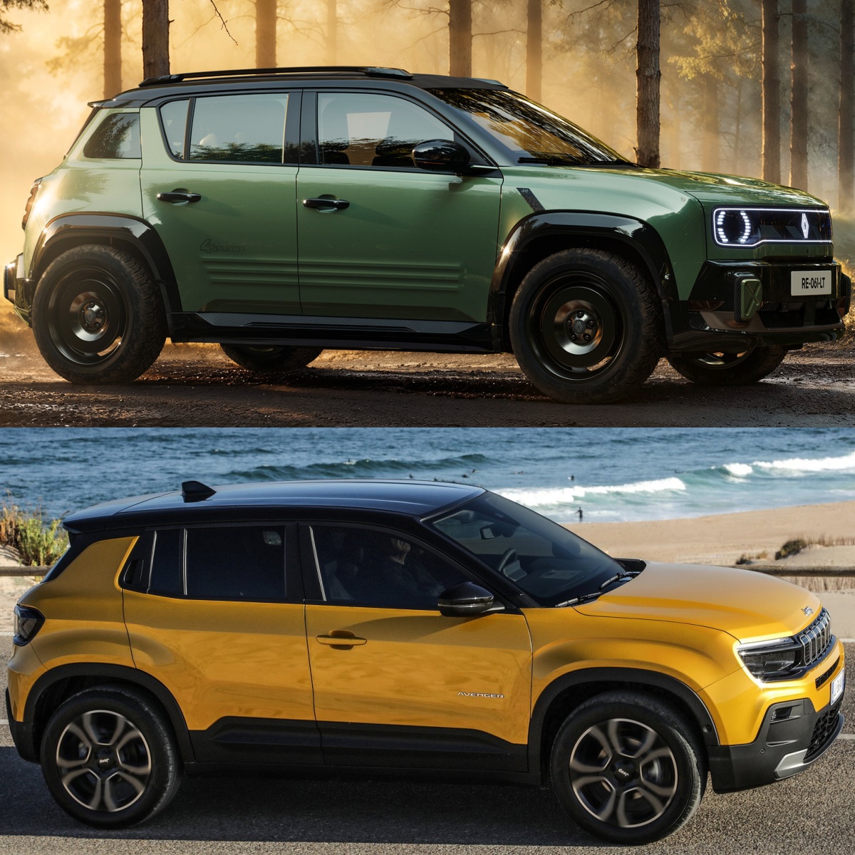 르노 4 사반4x4 콘셉트와 지프 어벤저의 '측면' 사진이다.