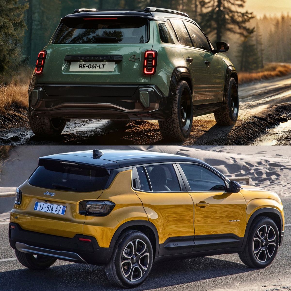 르노 4 사반4x4 콘셉트와 지프 어벤저의 '후면' 사진이다.