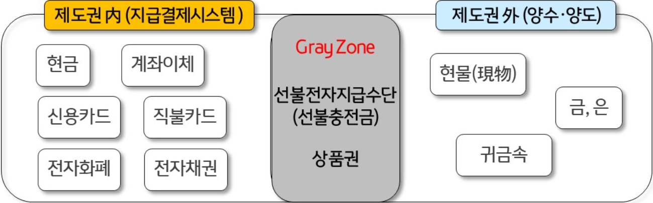 2023년 2월 13일 기준으로 '지급수단'의 구분을 나타낸 이미지. '선불전자지급수단'의 경우 '지급결제수단'으로 광범위하게 사용되고 있음에도 불구하고 아무런 규제를 받지 않는 'Gray Zone'에 위치해있다.