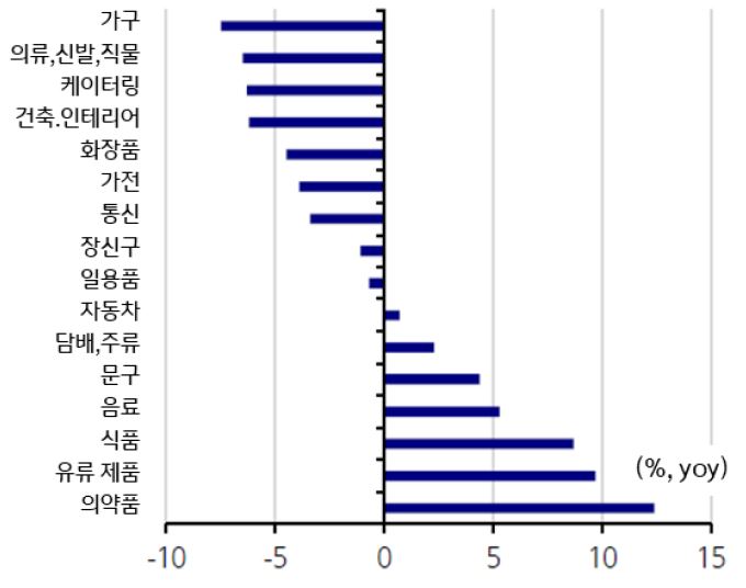 '2022년 품목별 상품 소매판매 증가율'을 보여주고 있음. 2022년 코로나 규제와 관련된 소매 매출에서 '의류, 신발, 케이터링, 화장품 등에 대한 소비가 큰 폭 감소'하였다.