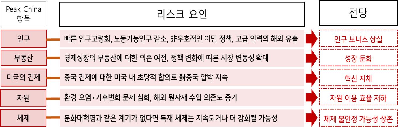 Peak China論에 대한 전망을 항목별로 구분하여 '리스크 요인' 분석'.