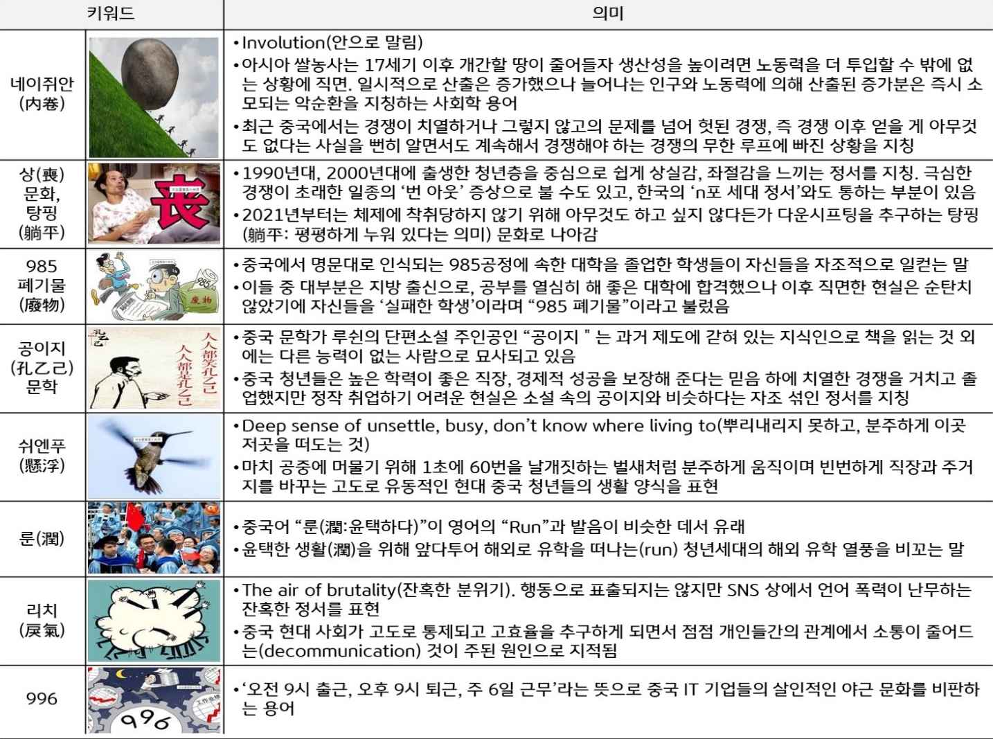 2023년 7월 기준으로 '현대 중국 청년들의 정서를 대변하는 중국 인터넷에서 유행하는 키워드'를 나타낸 표. '네이쥐안', '상 문화', '985 폐기물', '공이지 문학' 등의 키워드가 있다.