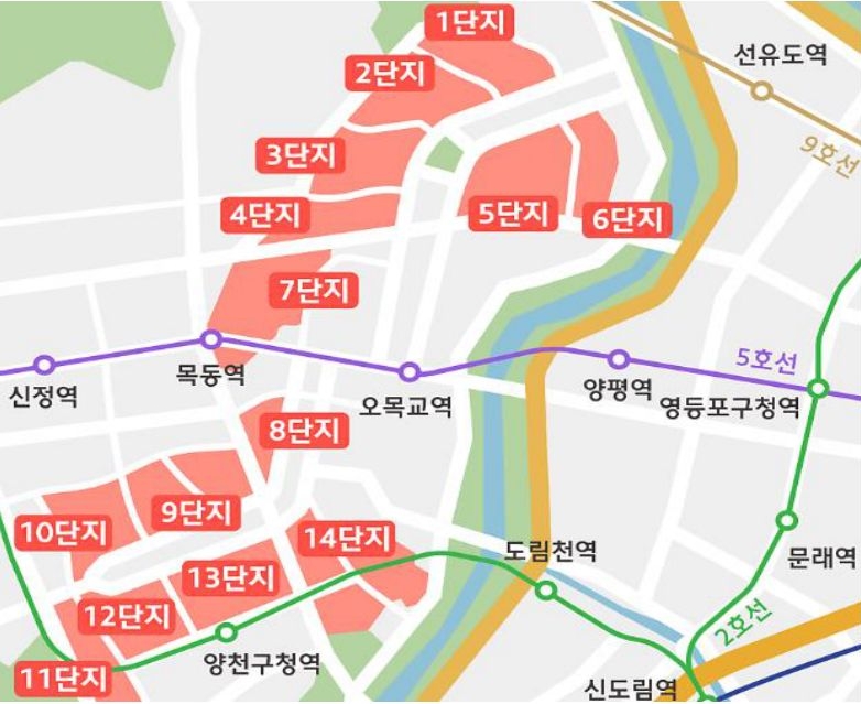 목동 신시가지 아파트의 위치를 나타낸 지도. 1단지부터 14단지까지의 구역이 빨간 색으로 칠해져 있다.